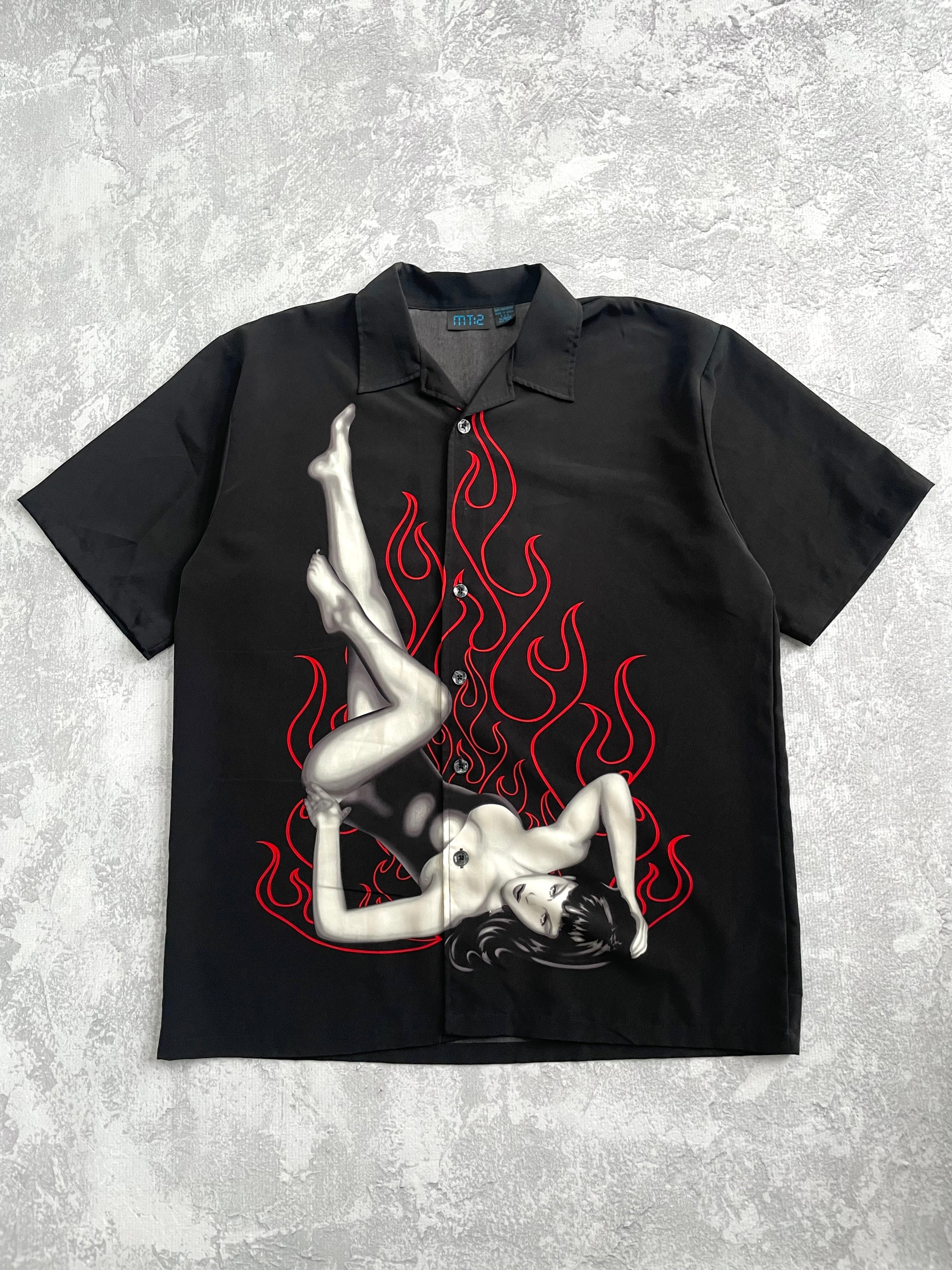 Vintage 2000s Betty Paige Flame Black Button Up - 2XL