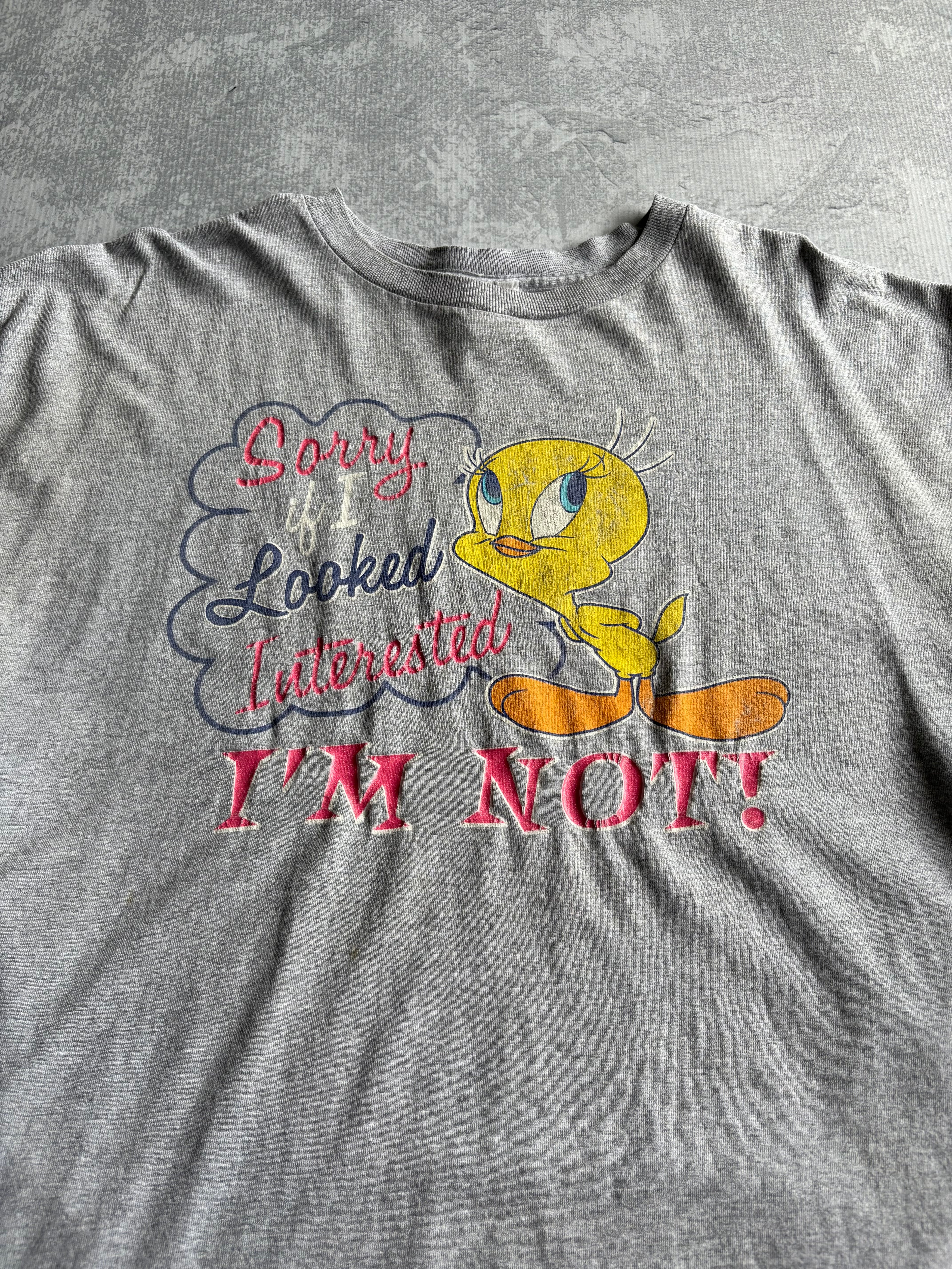 Vintage Y2K Looney Tunes Tweety Not Interested Cartoon Grey Tee Shirt - XL