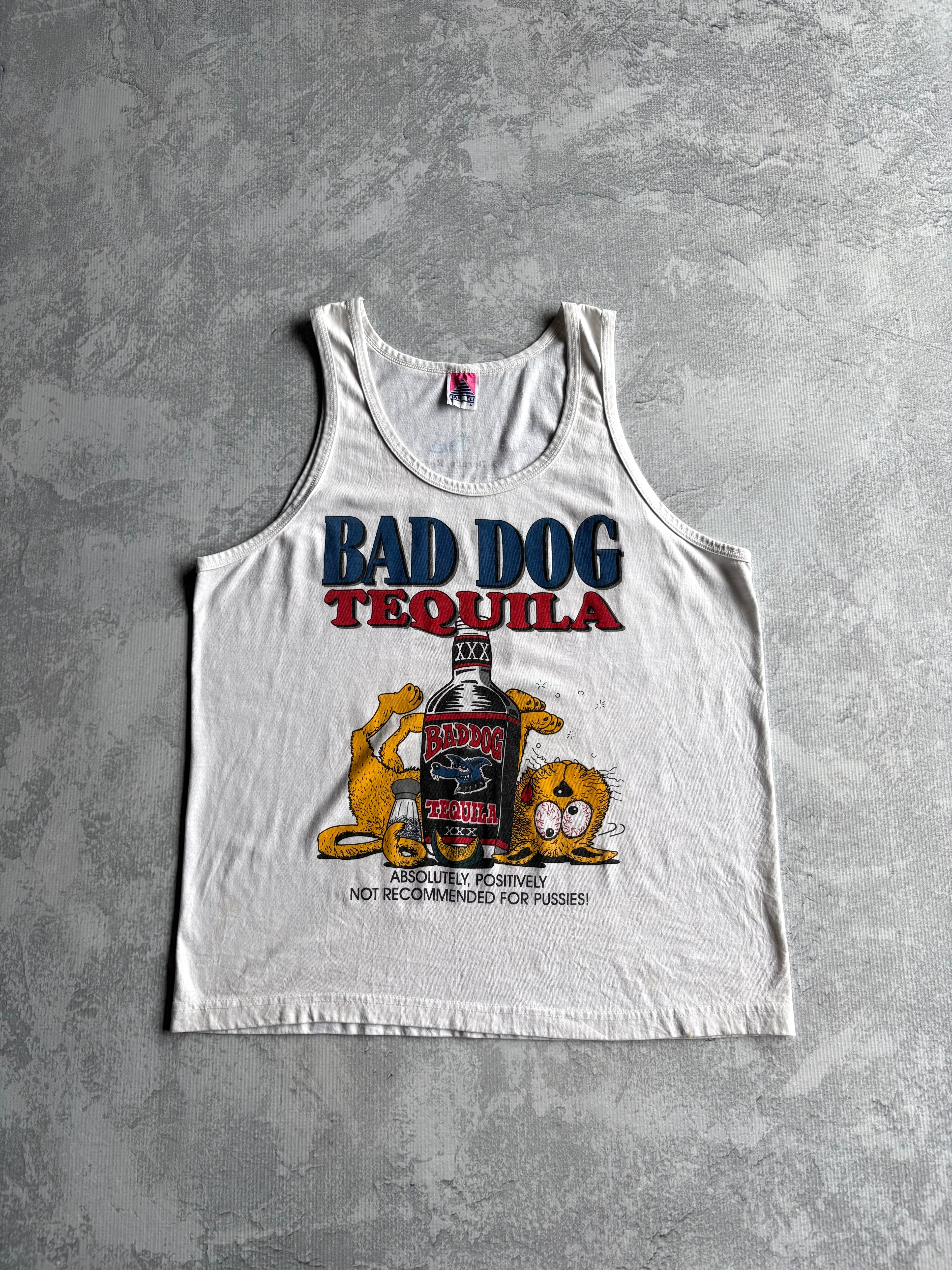 Vintage 90s Bad Dog Tequila Funny Comedy White Tank Top - L