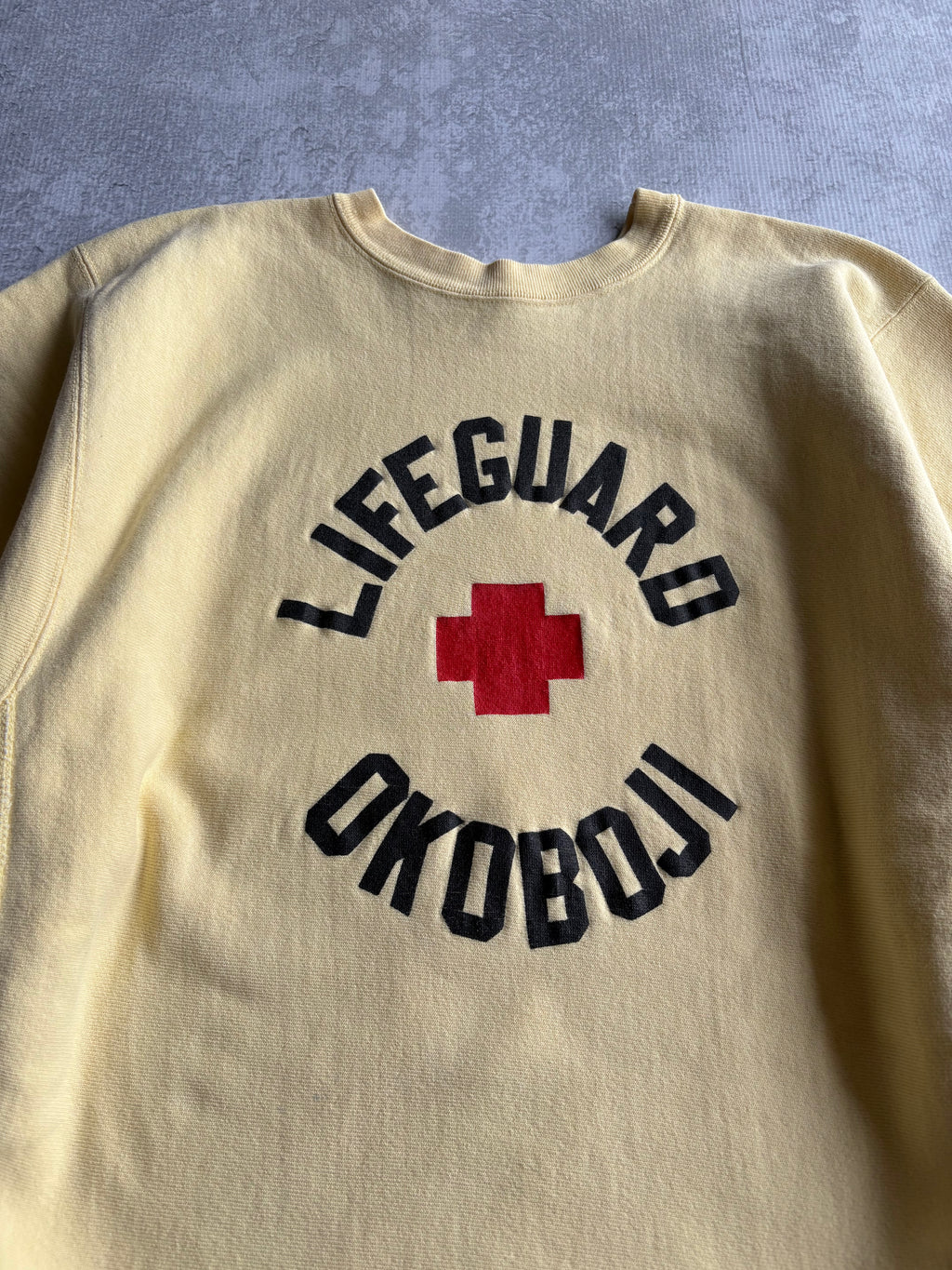 Vintage 80s Champion Reverse Weave Lifeguard Iowa Okoboji Yellow Sweater - XL