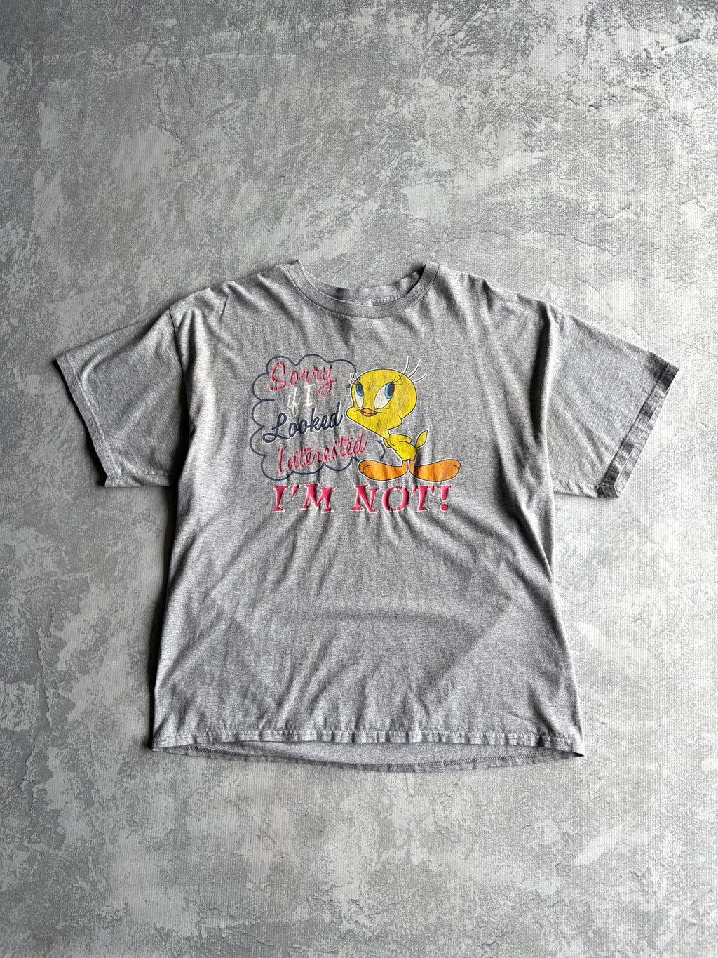 Vintage Y2K Looney Tunes Tweety Not Interested Cartoon Grey Tee Shirt - XL