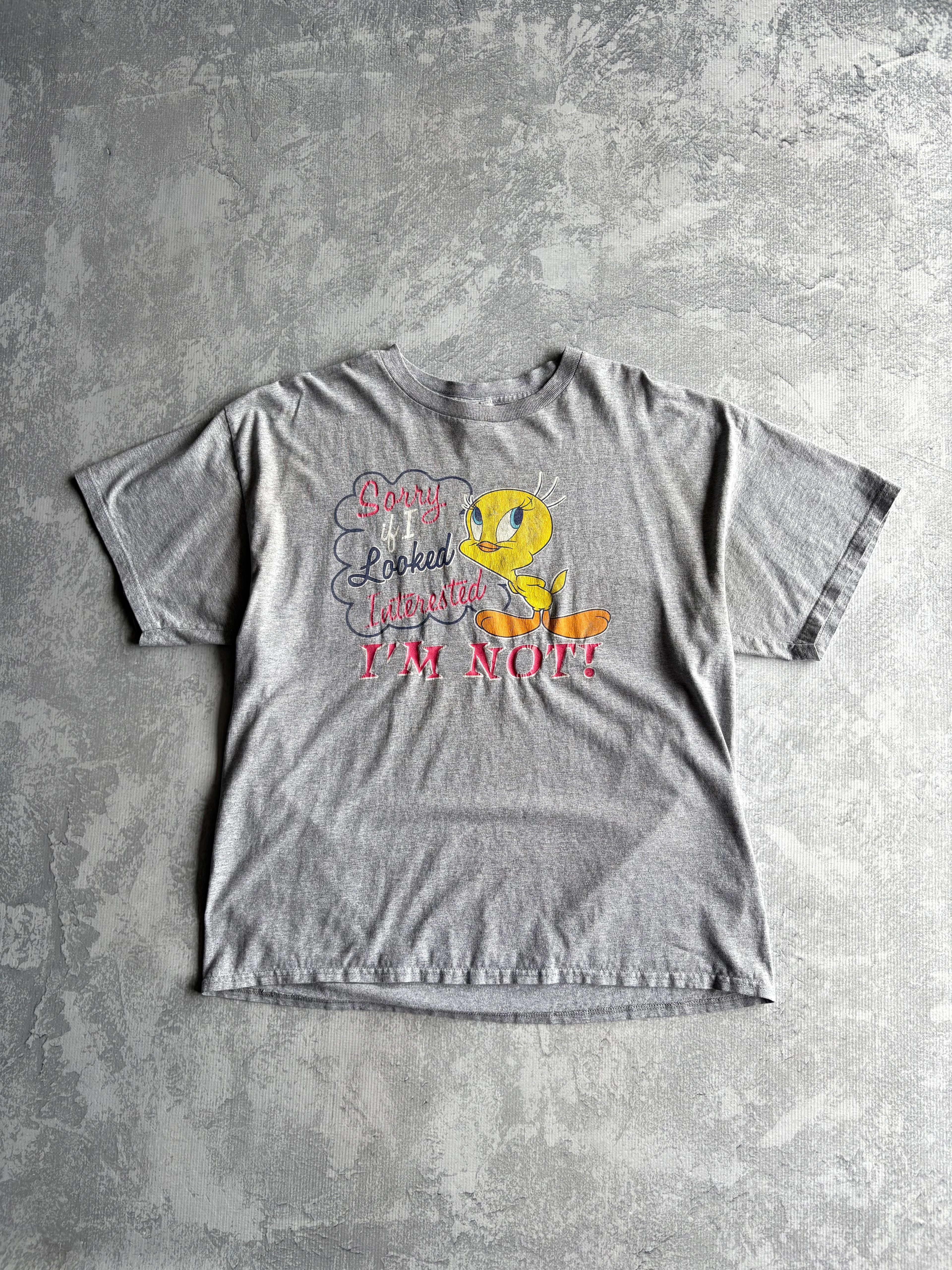 Vintage Y2K Looney Tunes Tweety Not Interested Cartoon Grey Tee Shirt - XL