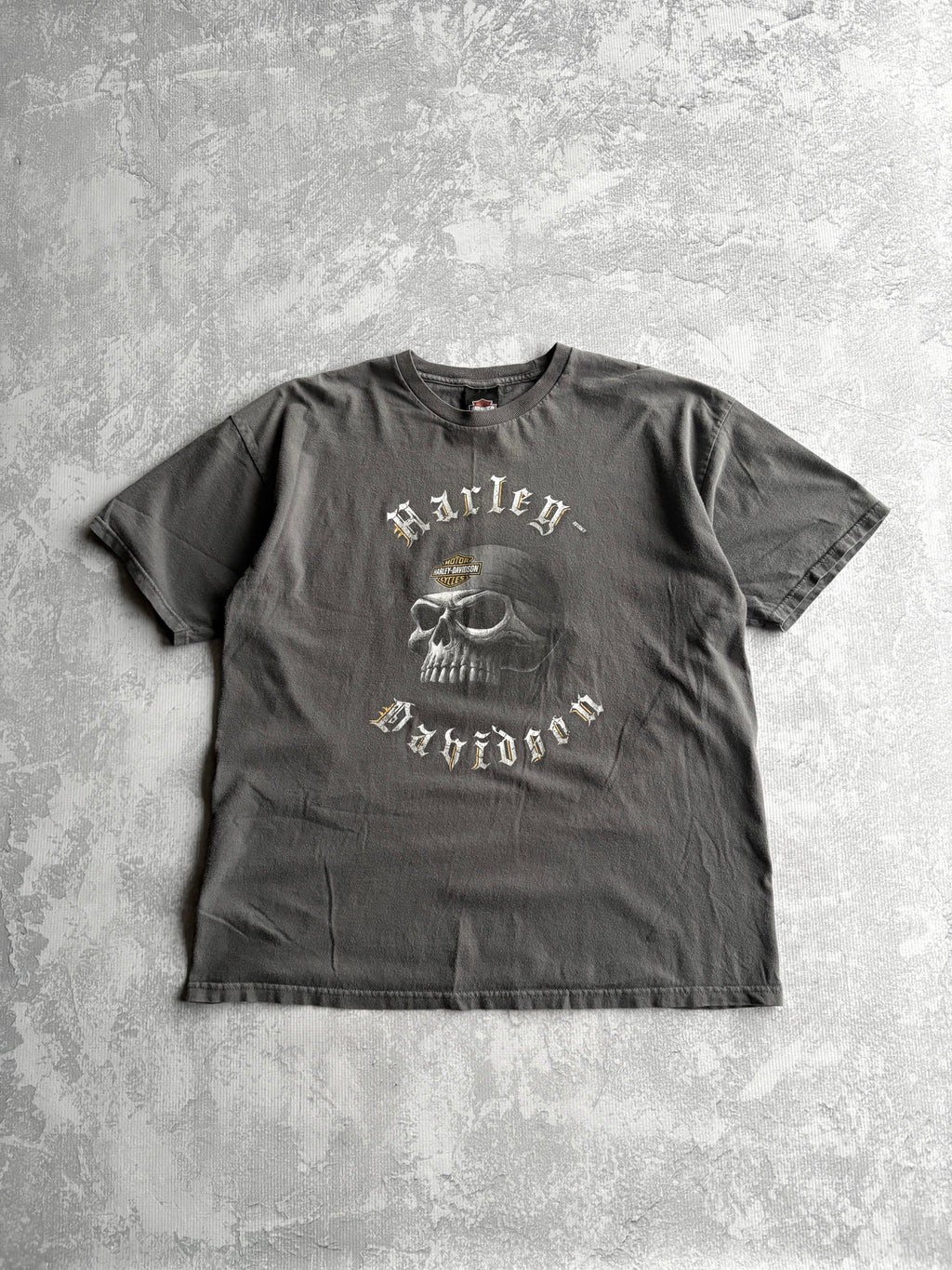 Vintage Harley Davidson Spellout Bandana Bone Skull Grey Tee Shirt - XL