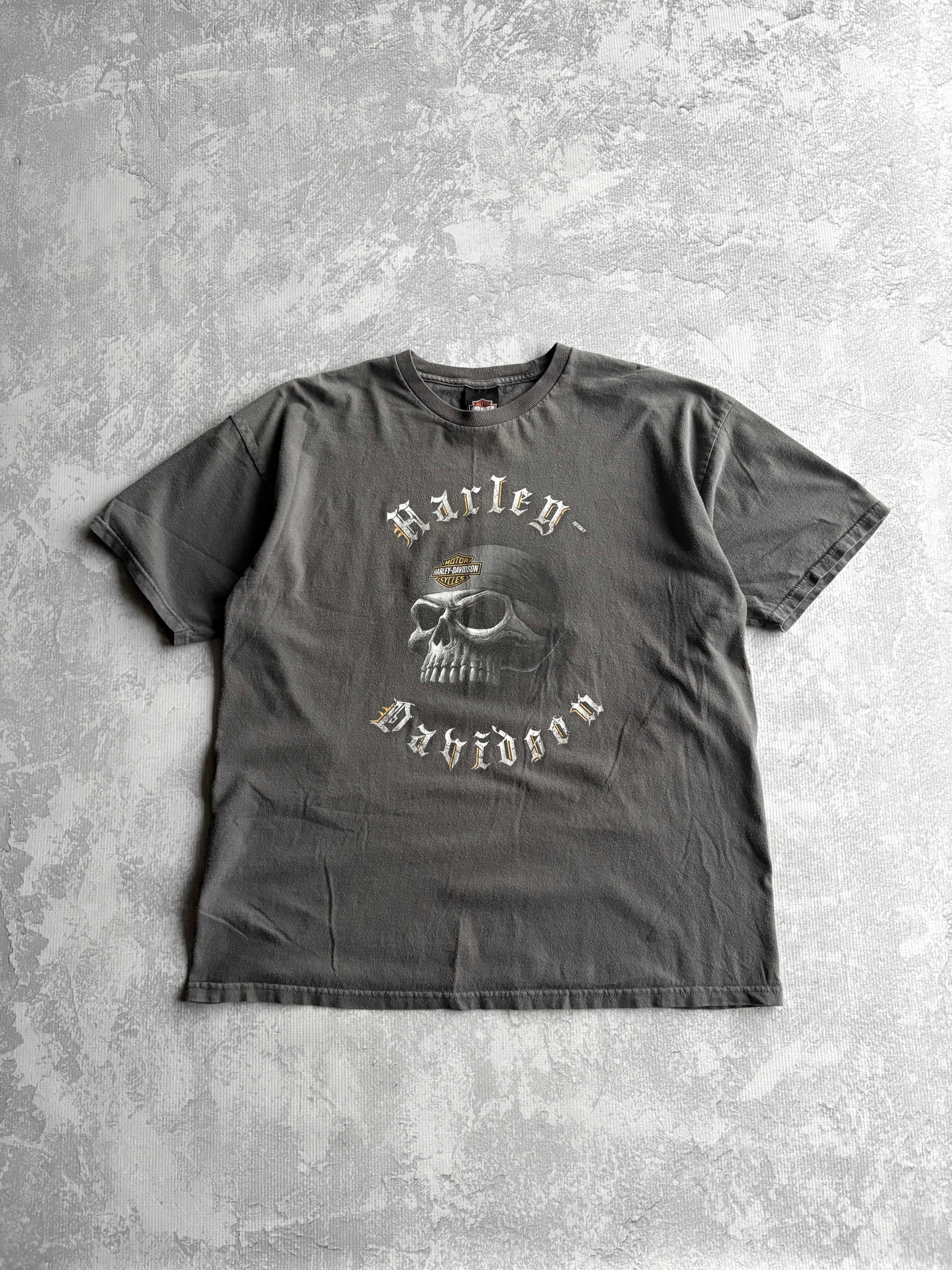 Vintage Harley Davidson Spellout Bandana Bone Skull Grey Tee Shirt - XL