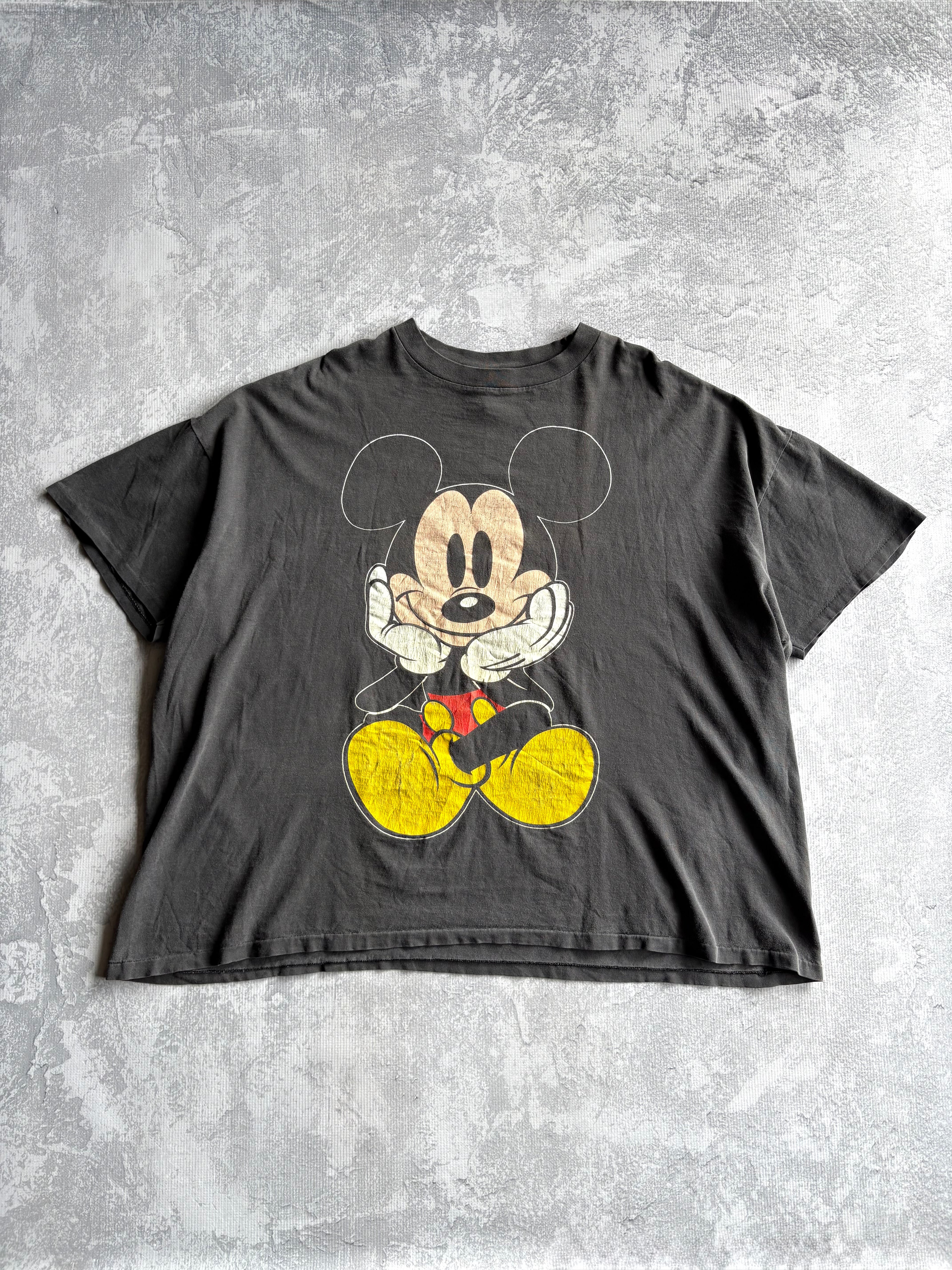 Vintage 90s Disney Designs Mickey Mouse Big Print Faded Black Tee Shirt - 2XL