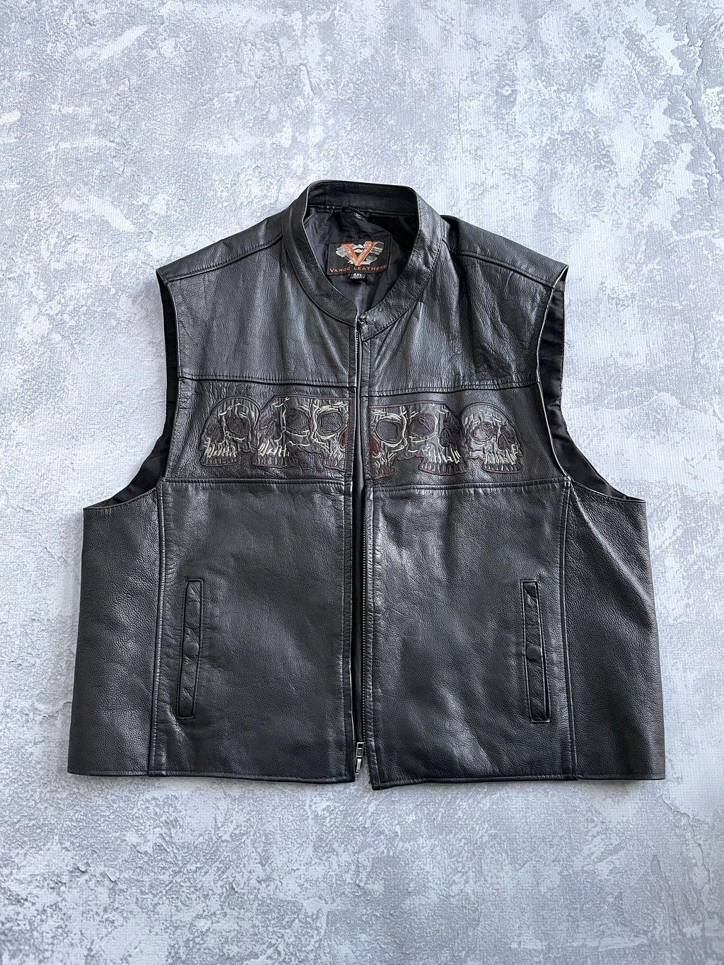Vintage Vance Skull Leather Motorcycle Vest - XL
