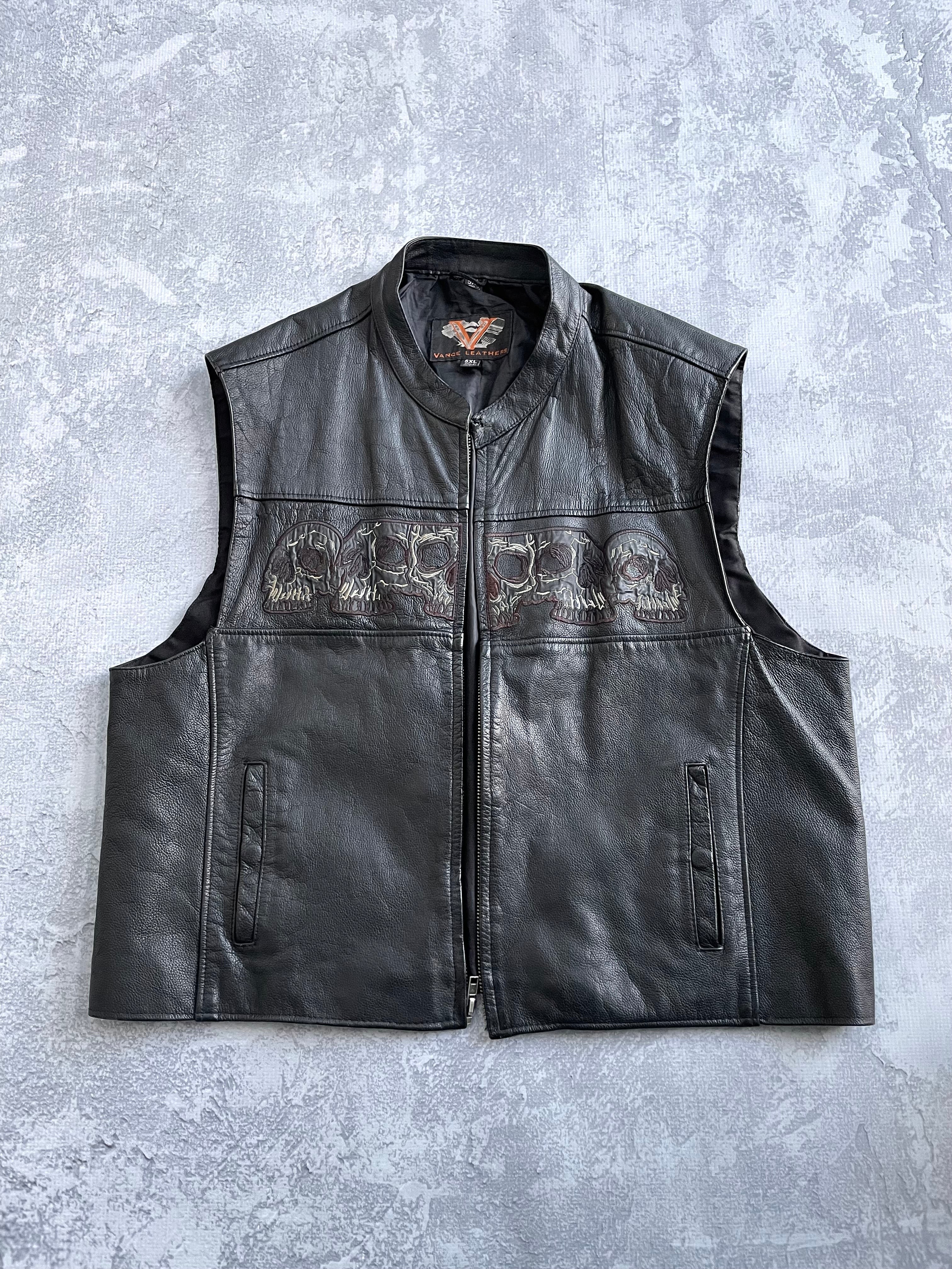Vintage Vance Skull Leather Motorcycle Vest - XL