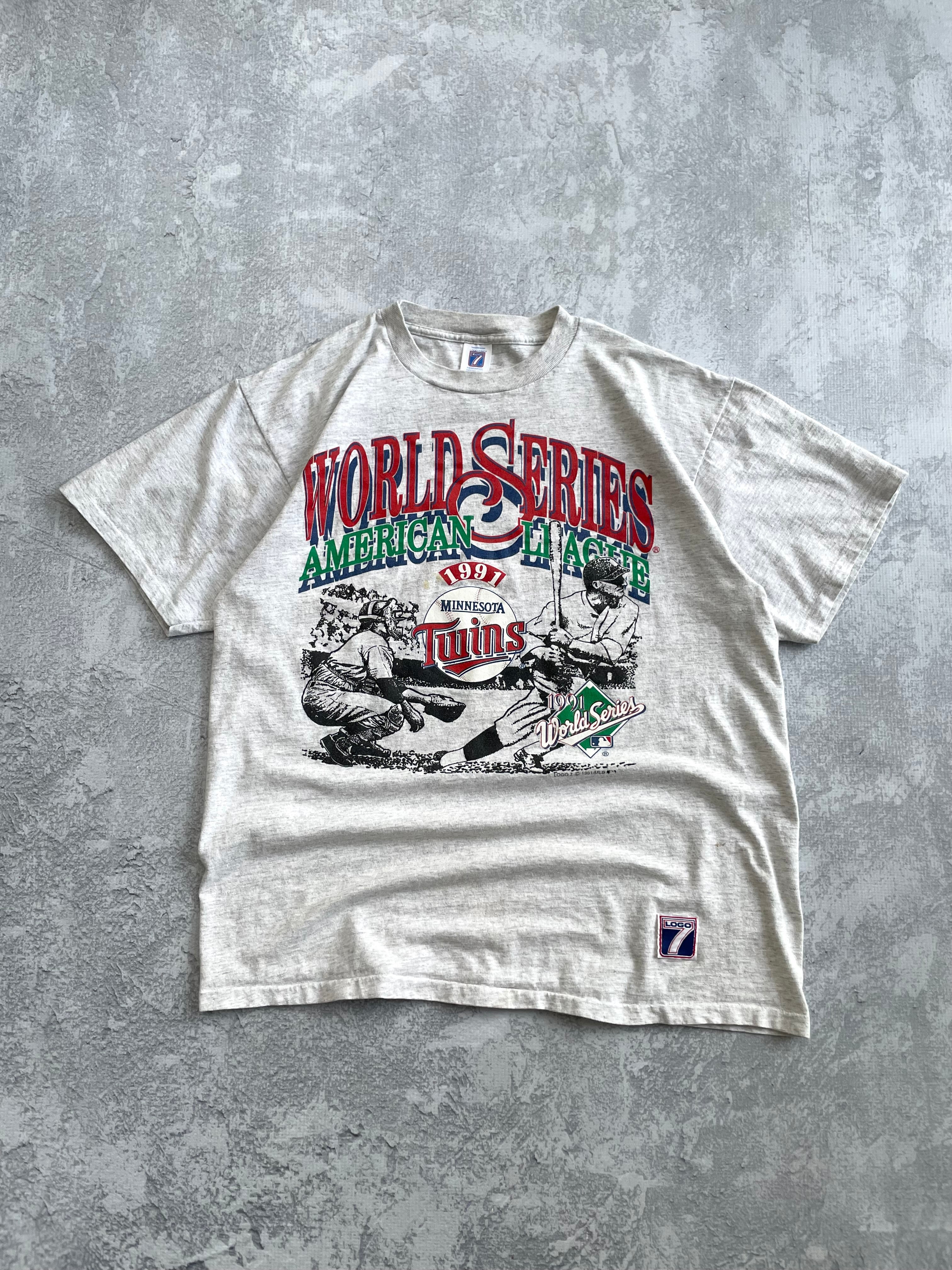 Vintage 1991 Minnesota Twins MLB Logo 7 Big Print Grey Tee Shirt - XL