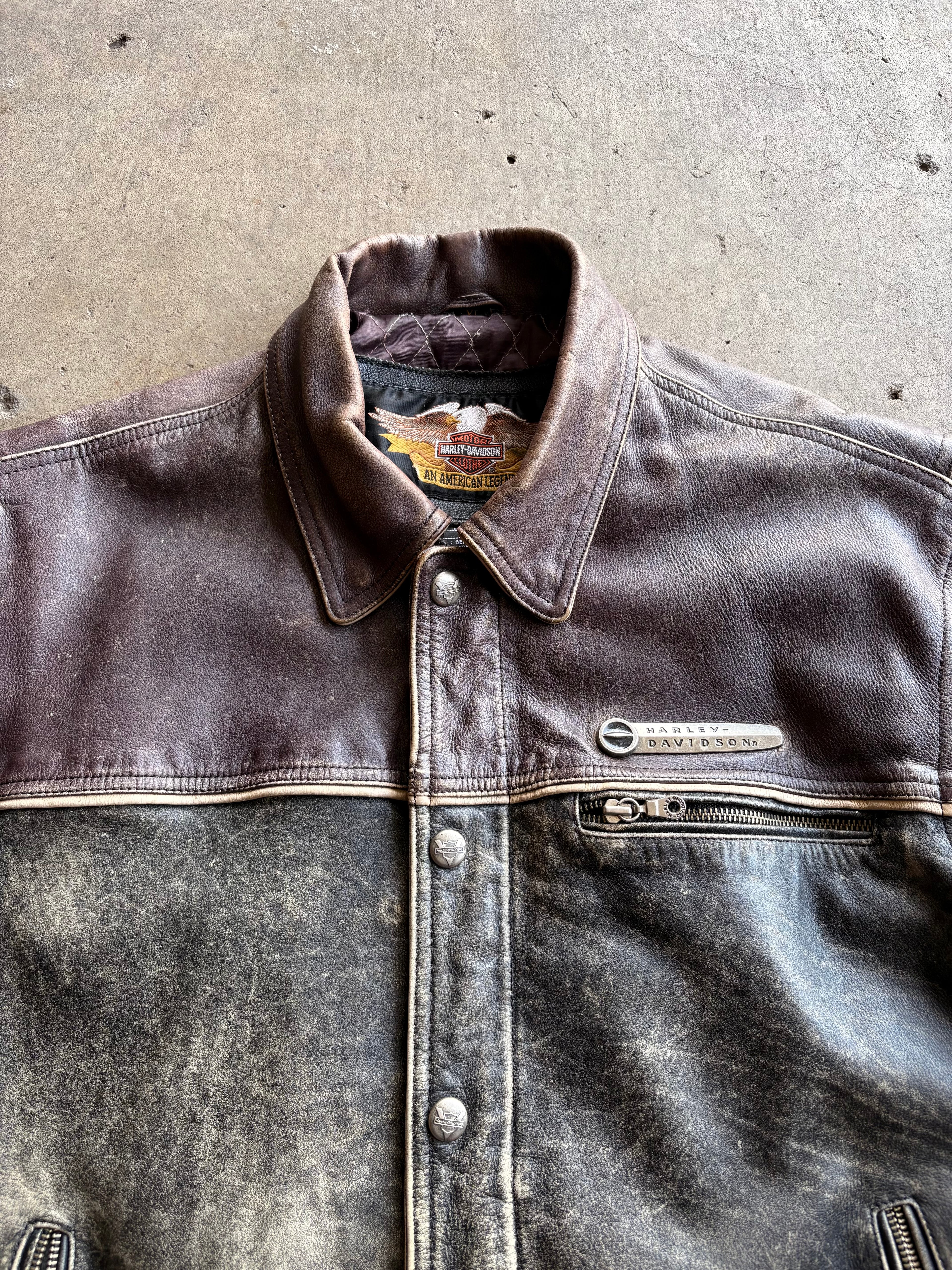 Vintage 90s RARE Harley Davidson Embroidered Distressed Black Purple Leather Jacket - XL