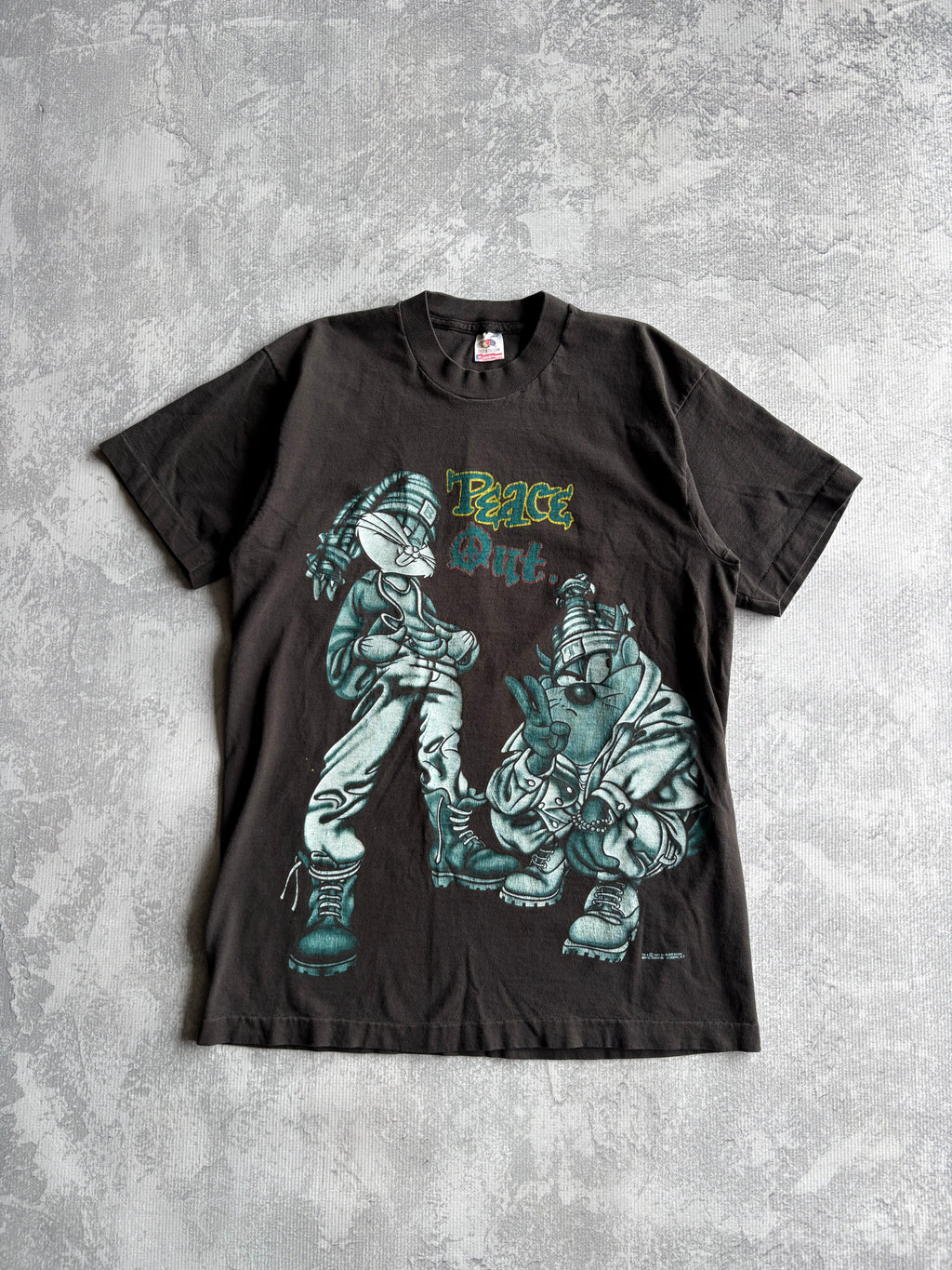 Vintage 90s Looney Tunes Peace Out Hip Hop AOP Black Tee Shirt - L