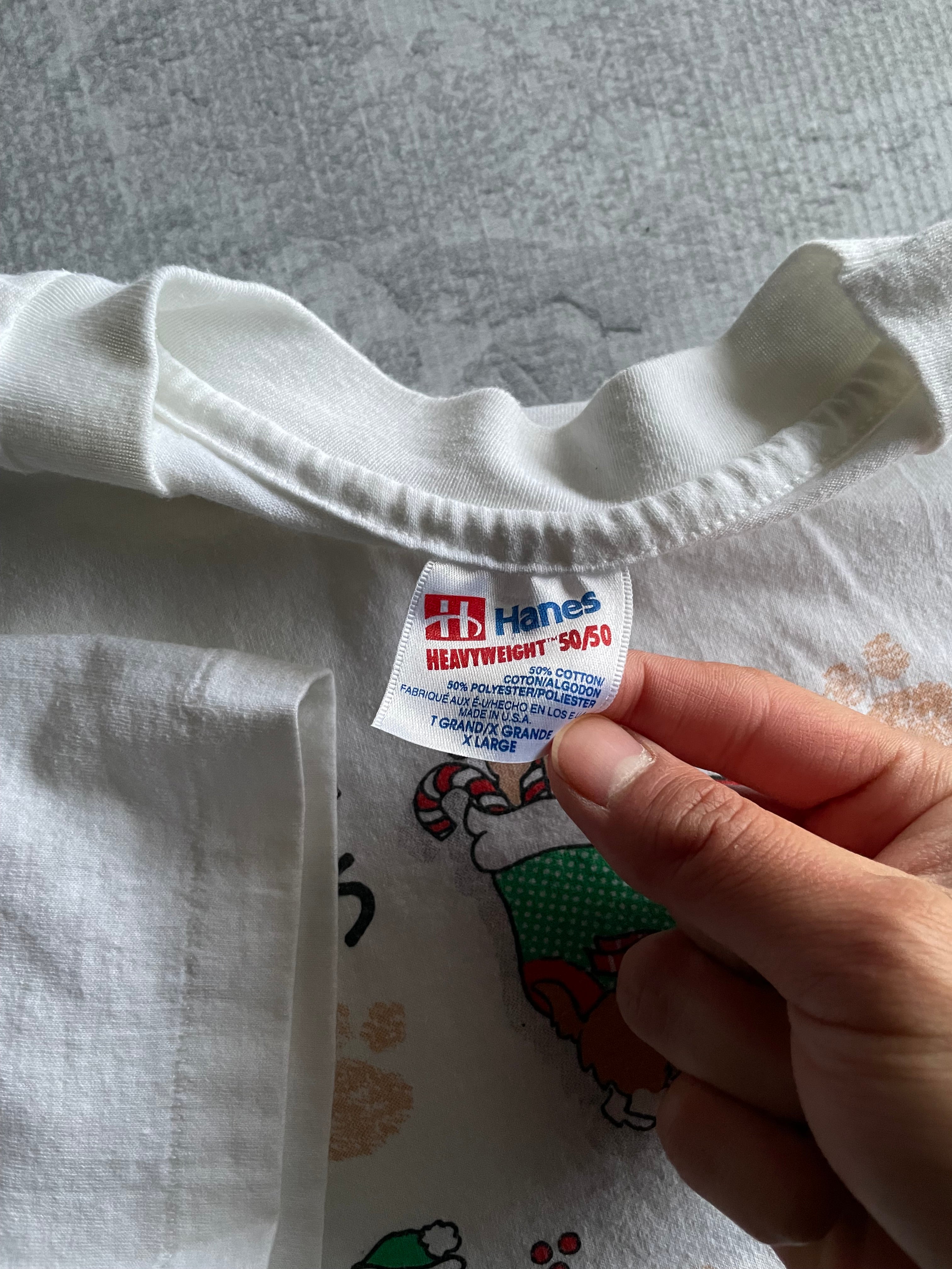 Vintage 90s Santa Paws Dog Christmas AOP White Tee Shirt - XL