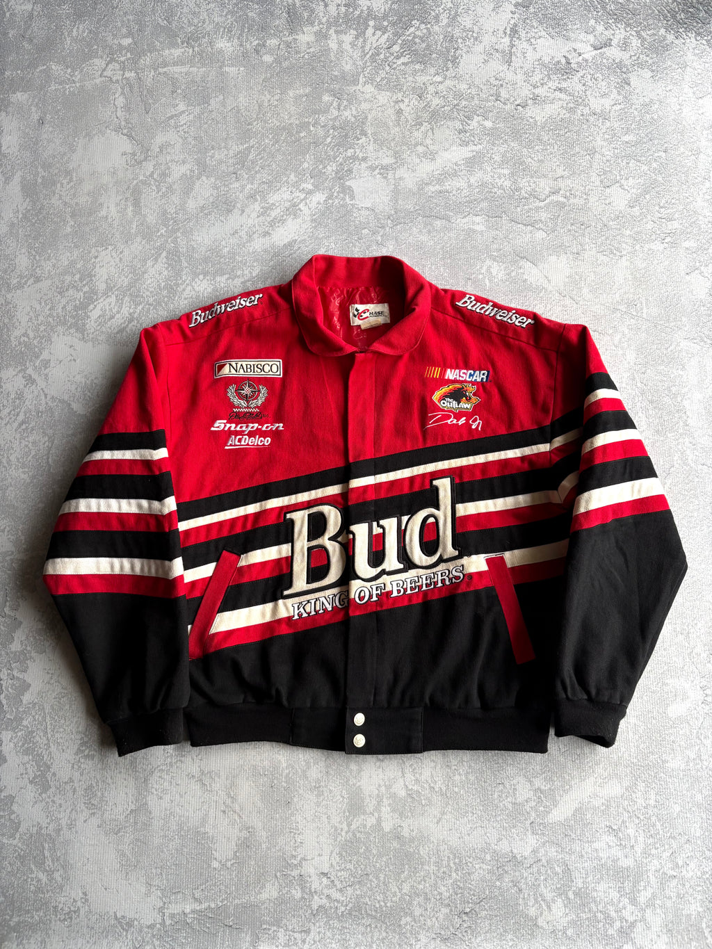 Vintage 90s Dale Earnhardt Jr NASCAR Budweiser Striped Red Racing Jacket - M