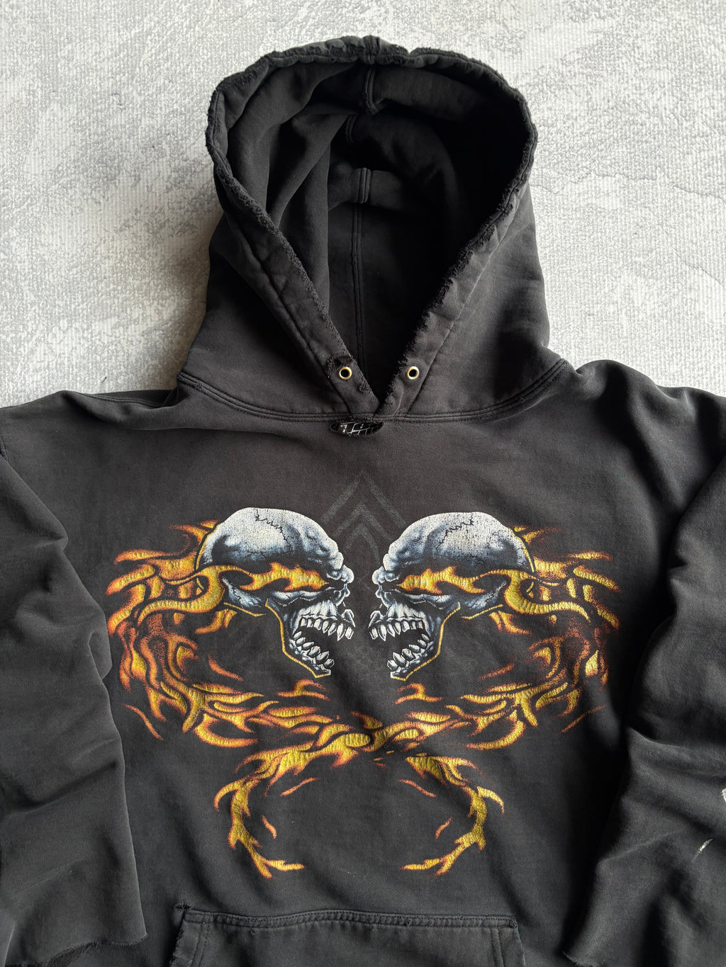 Vintage 90s Top Heavy Flaming Skull Distressed Hoodie - Large