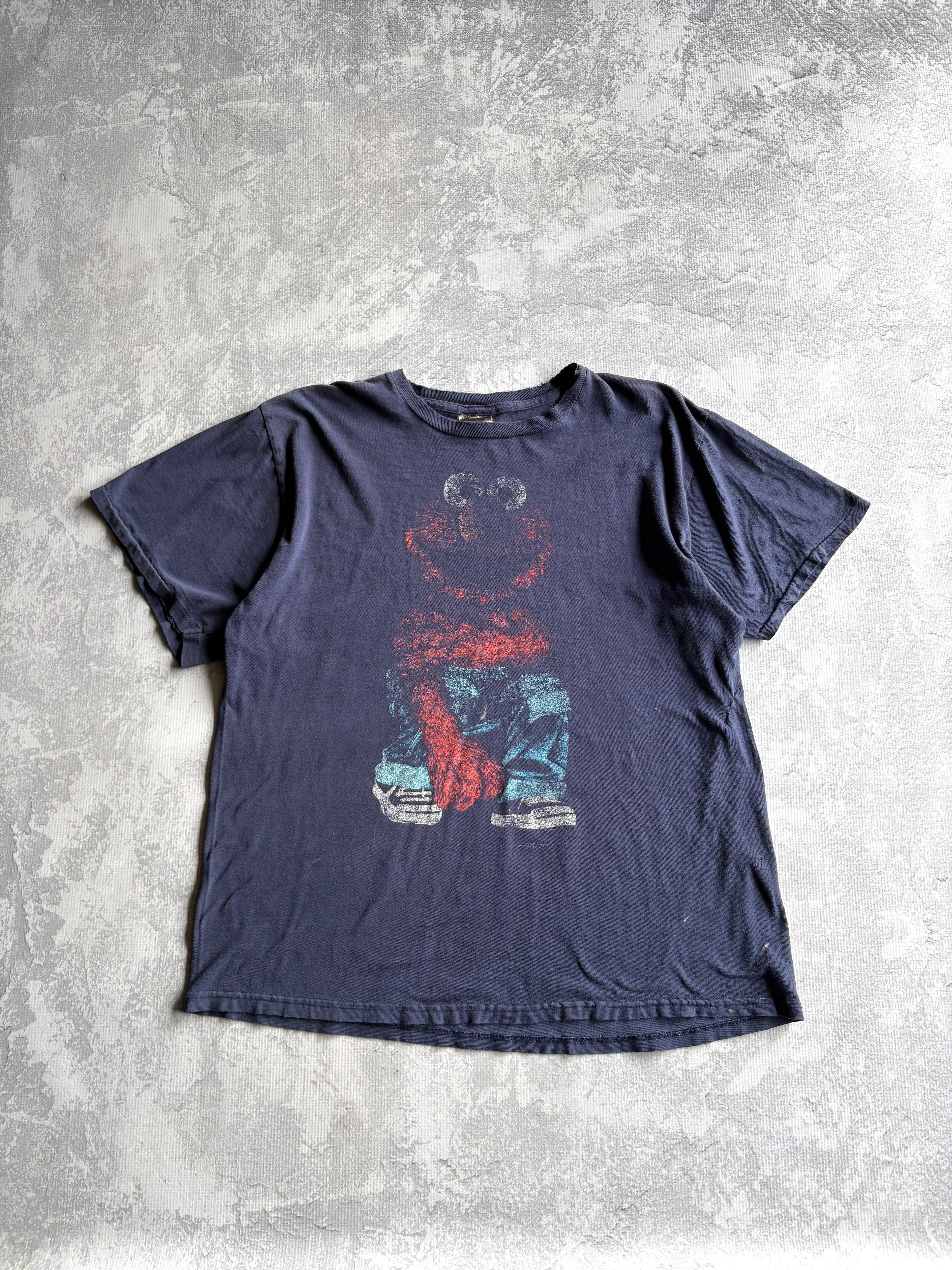 Vintage 90s Elmo Sesame Street Hip Hop Style Distressed Blue Tee Shirt - XL