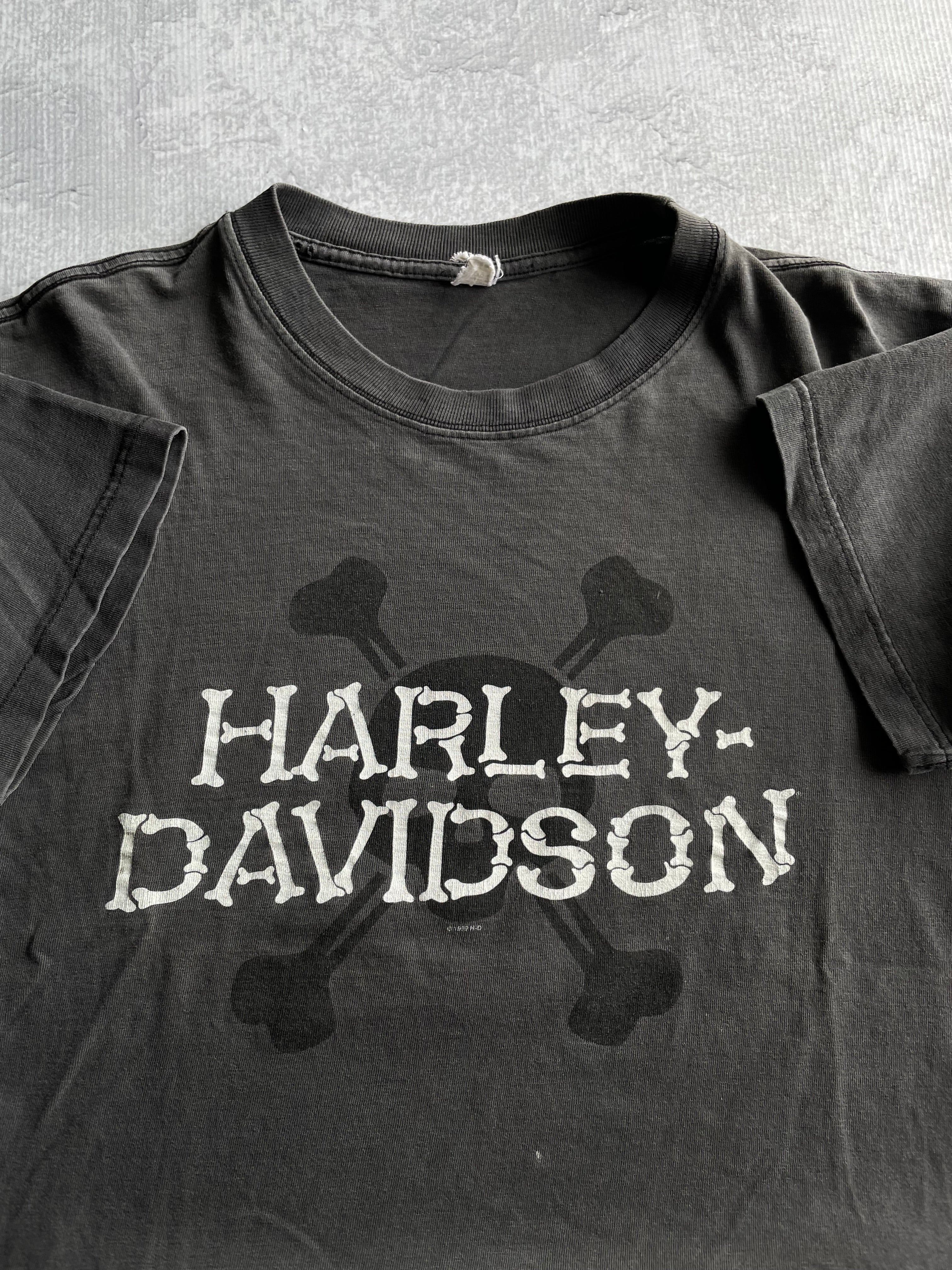 Vintage 90s Harley Davidson Spellout Bones Skull Faded Black Tee Shirt - L