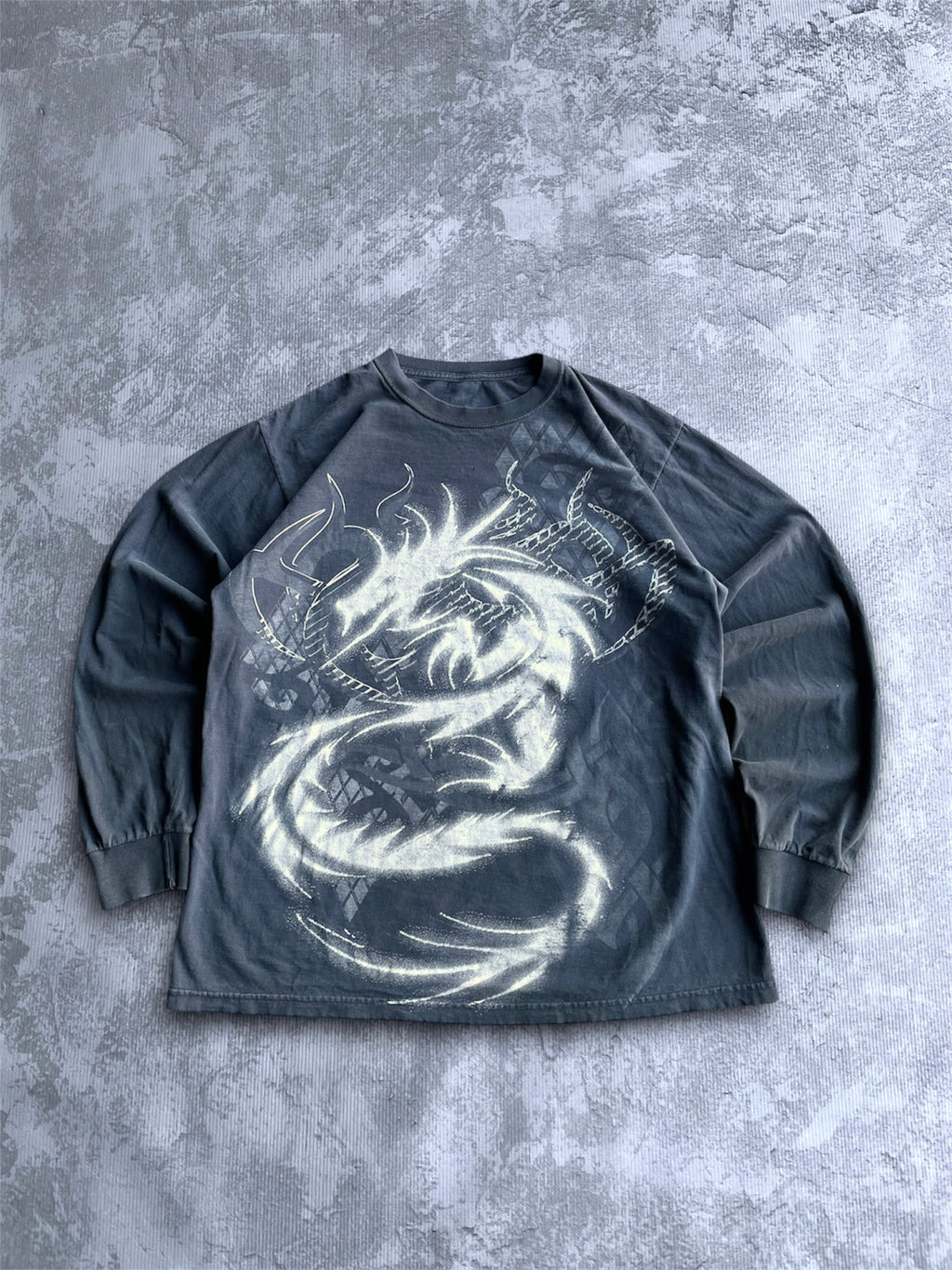 Y2K Dragon Big Print Black Longsleeve Shirt - L