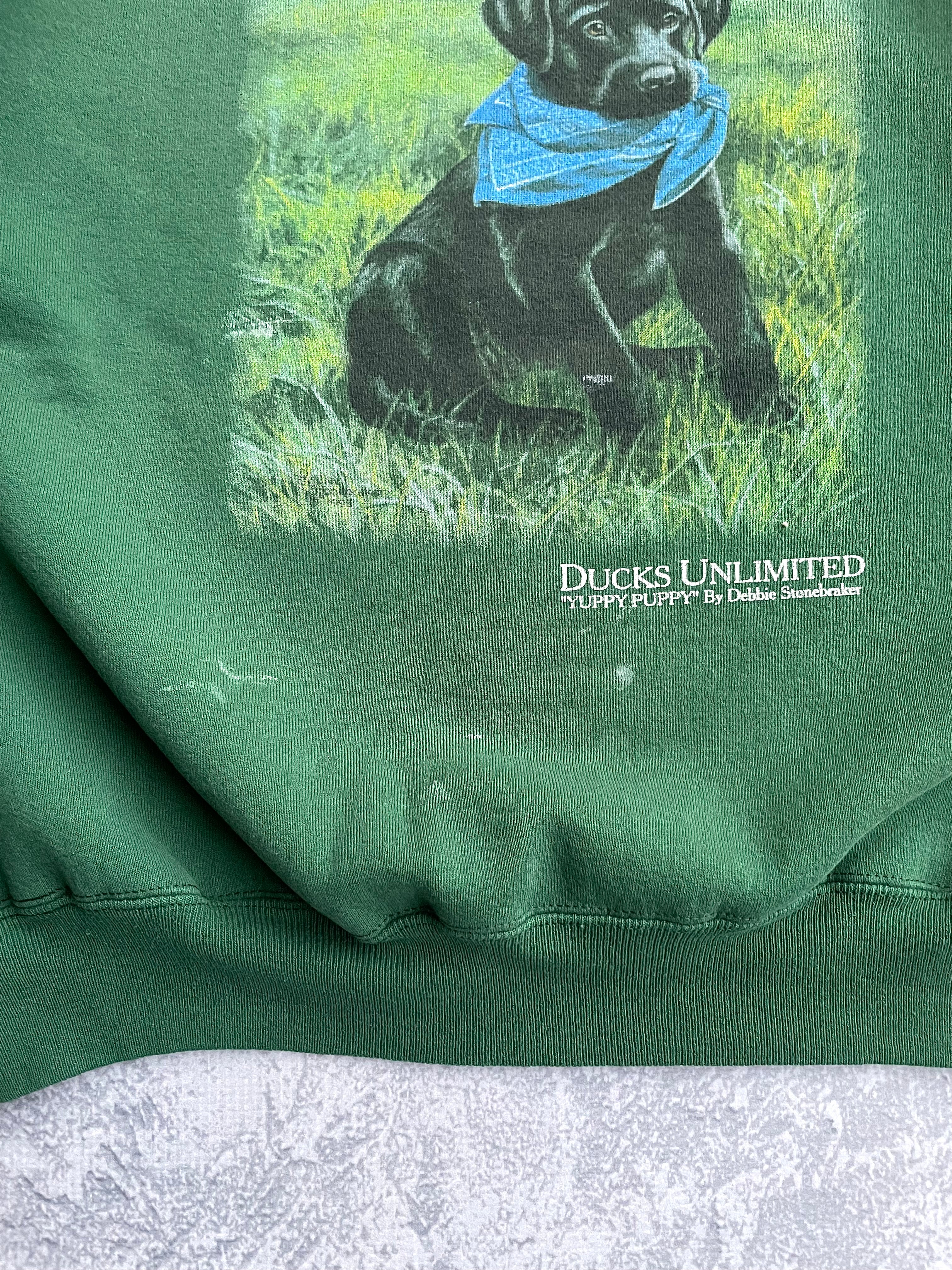 Vintage 90s Ducks Unlimited Black Lab Dog Nature Green Sweater Crewneck - XL