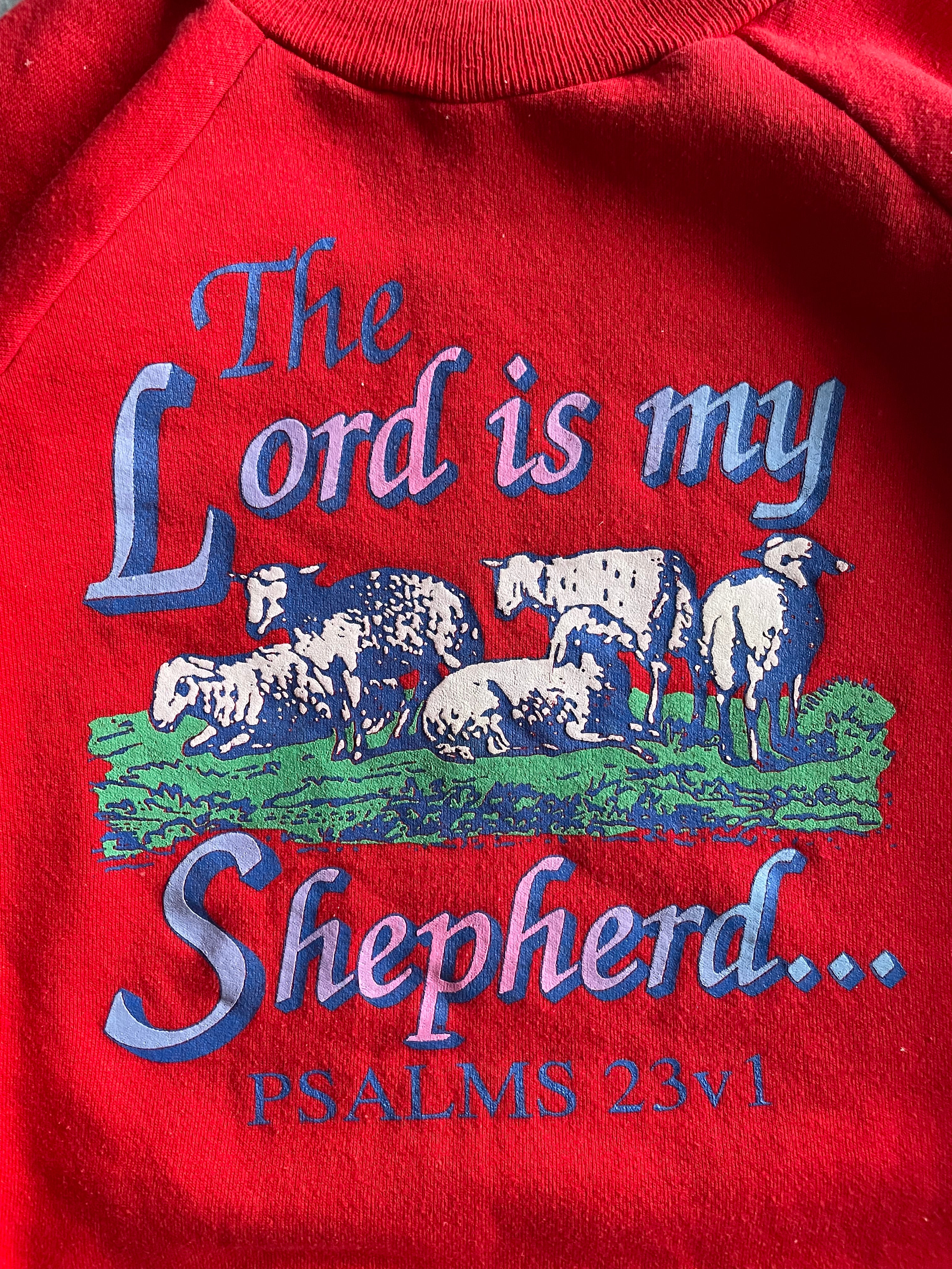 Vintage 80s The Lord Is My Shepard Psalm Bible Verse Jesus Red Crewneck Sweater - L