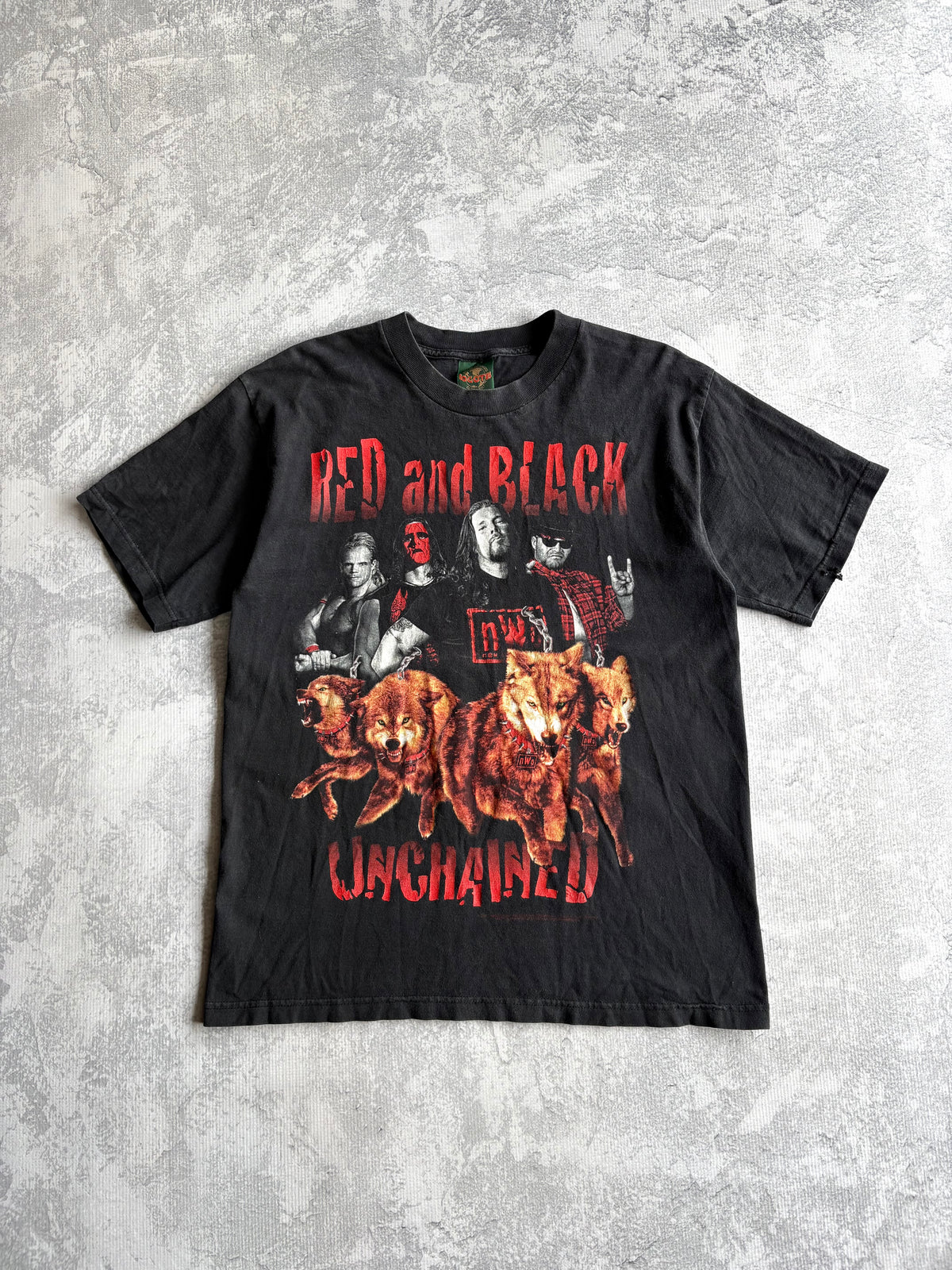 Vintage 1998 WCW NWO Wolfpac Red and Black Unchained Faded Tee Shirt - L