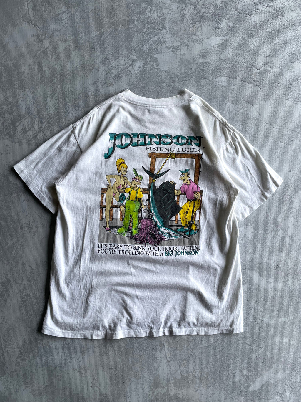 Vintage 90s Big Johnson Fishing Funny White Tee Shirt - L