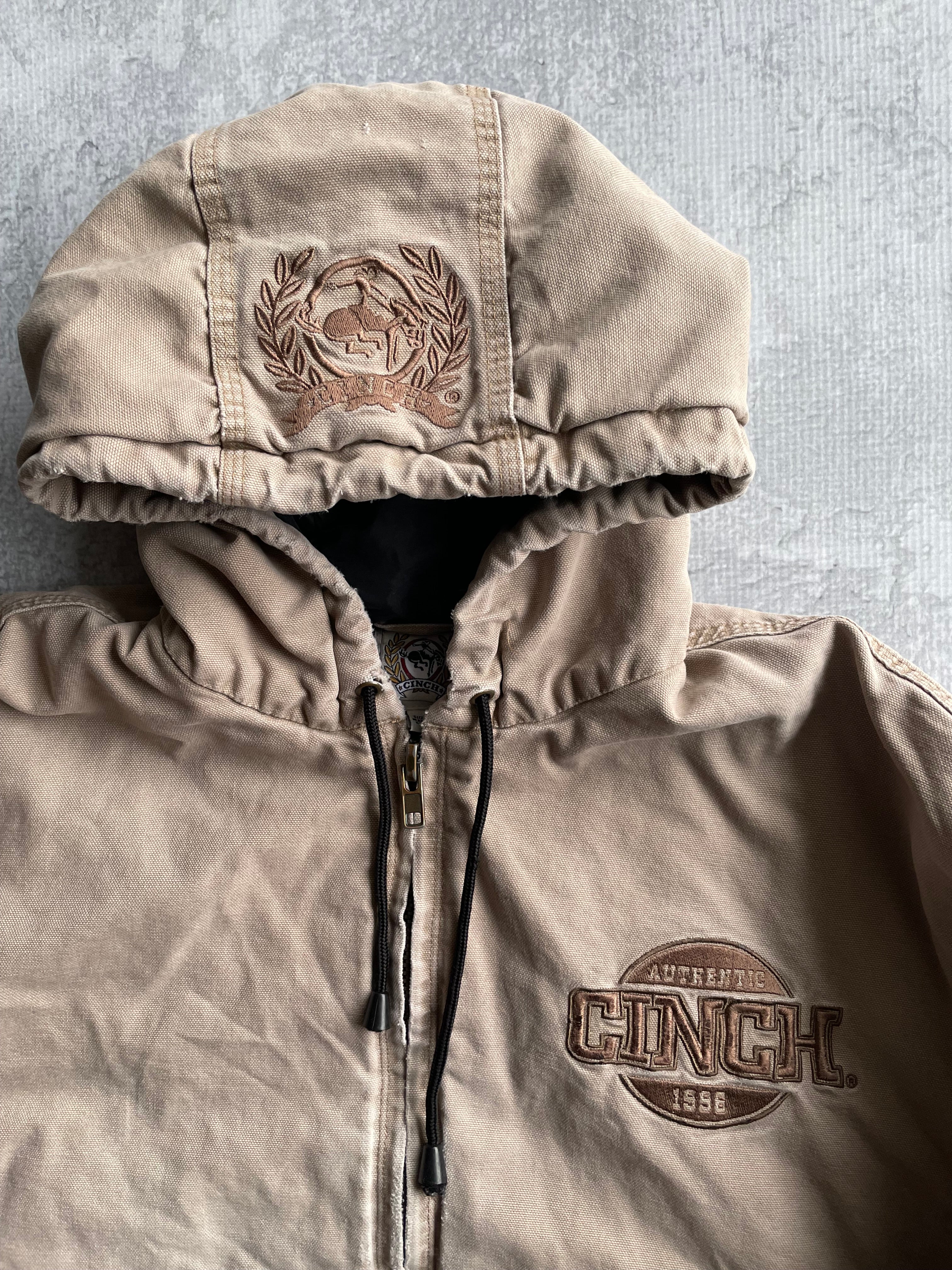 Vintage Cinch Carhartt Style Thrashed Beige/Brown Worker Hooded Jacket - M