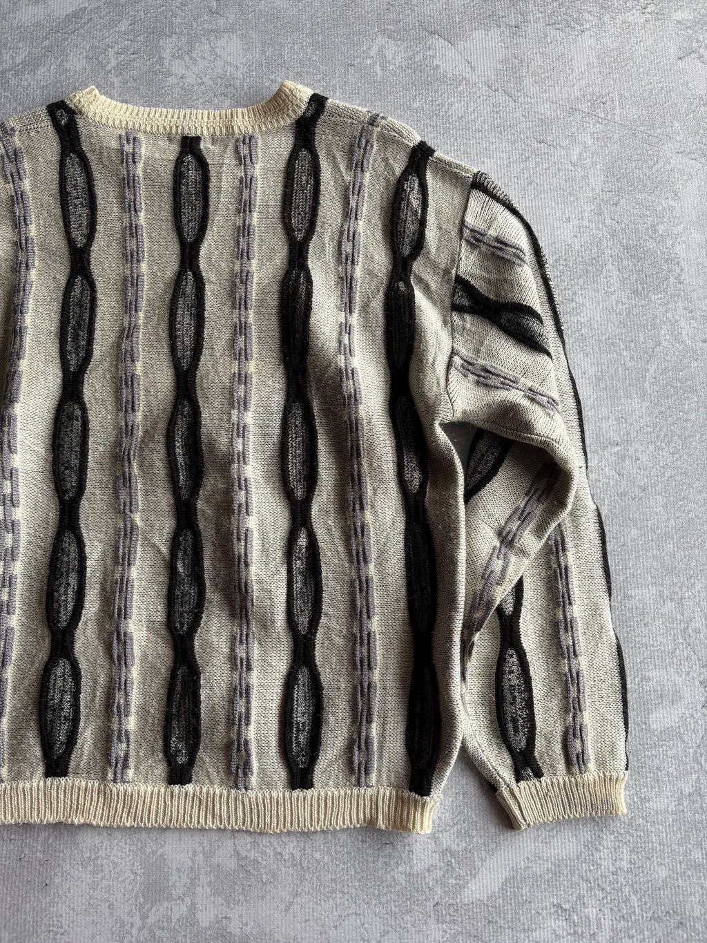 Vintage 90s 3D Abstract Striped Coogi Style Beige Knit Sweater - L