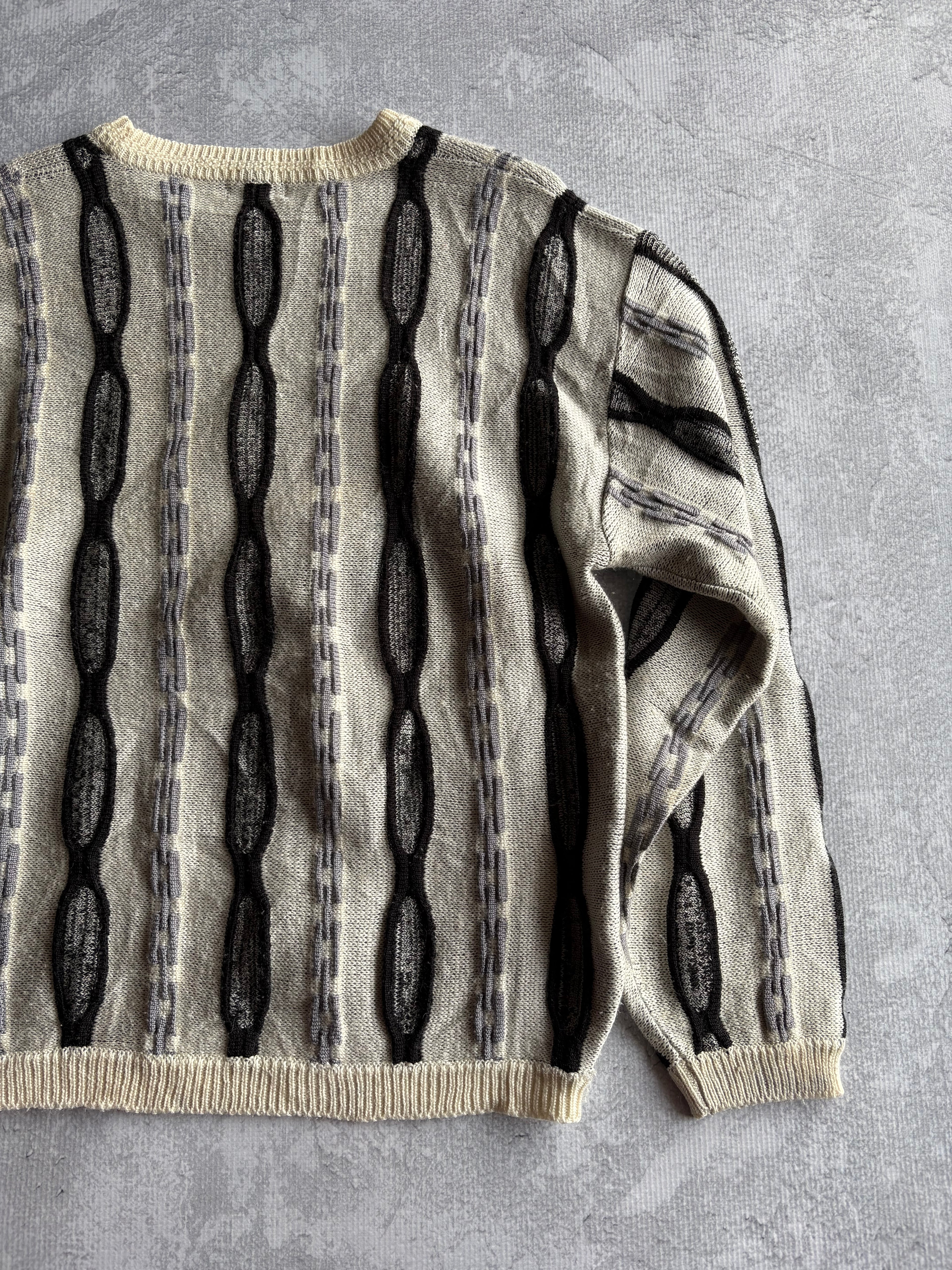 Vintage 90s 3D Abstract Striped Coogi Style Beige Knit Sweater - L