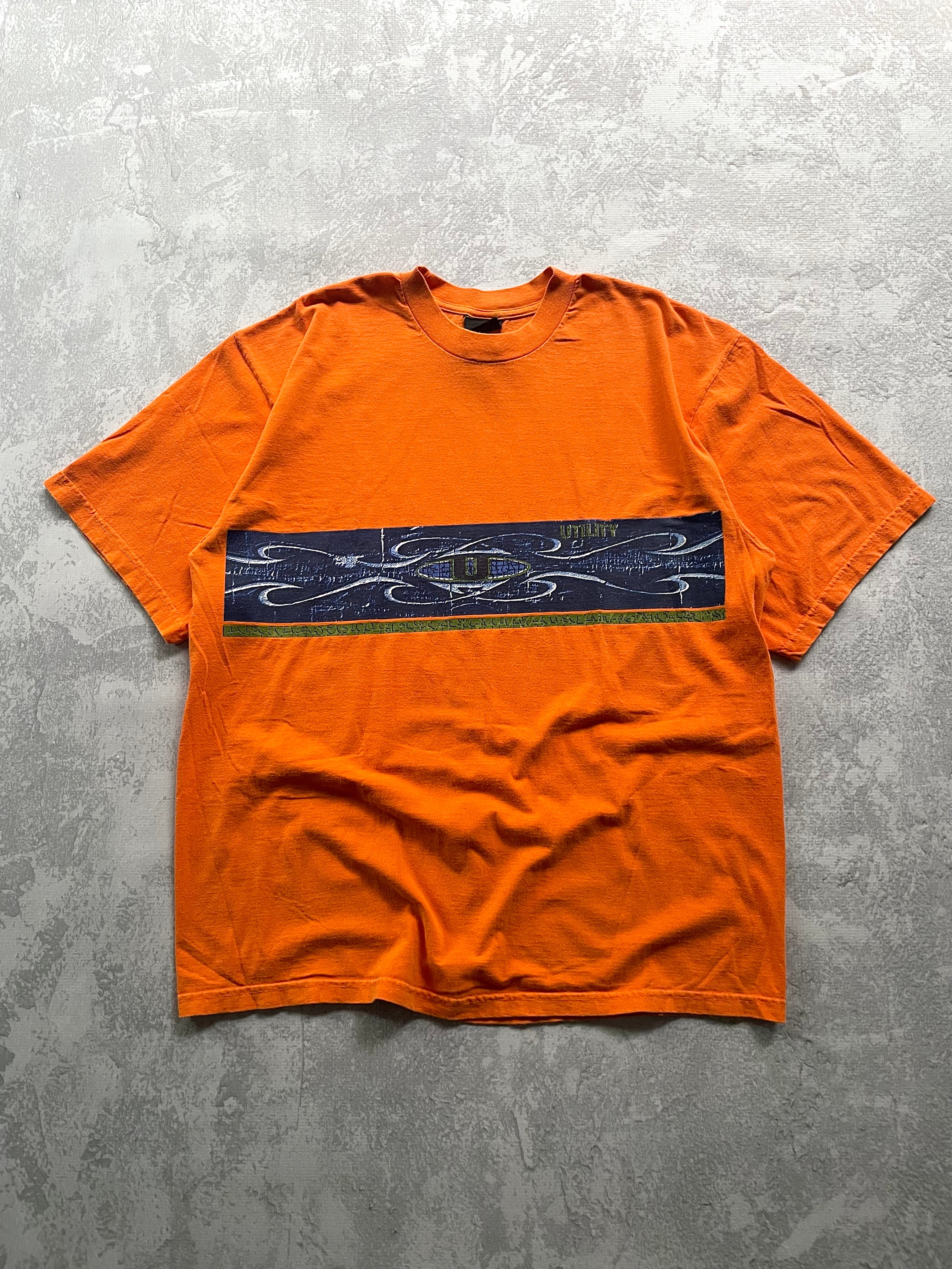 Vintage 90s Utility Center Logo Orange Tee Shirt - 2XL