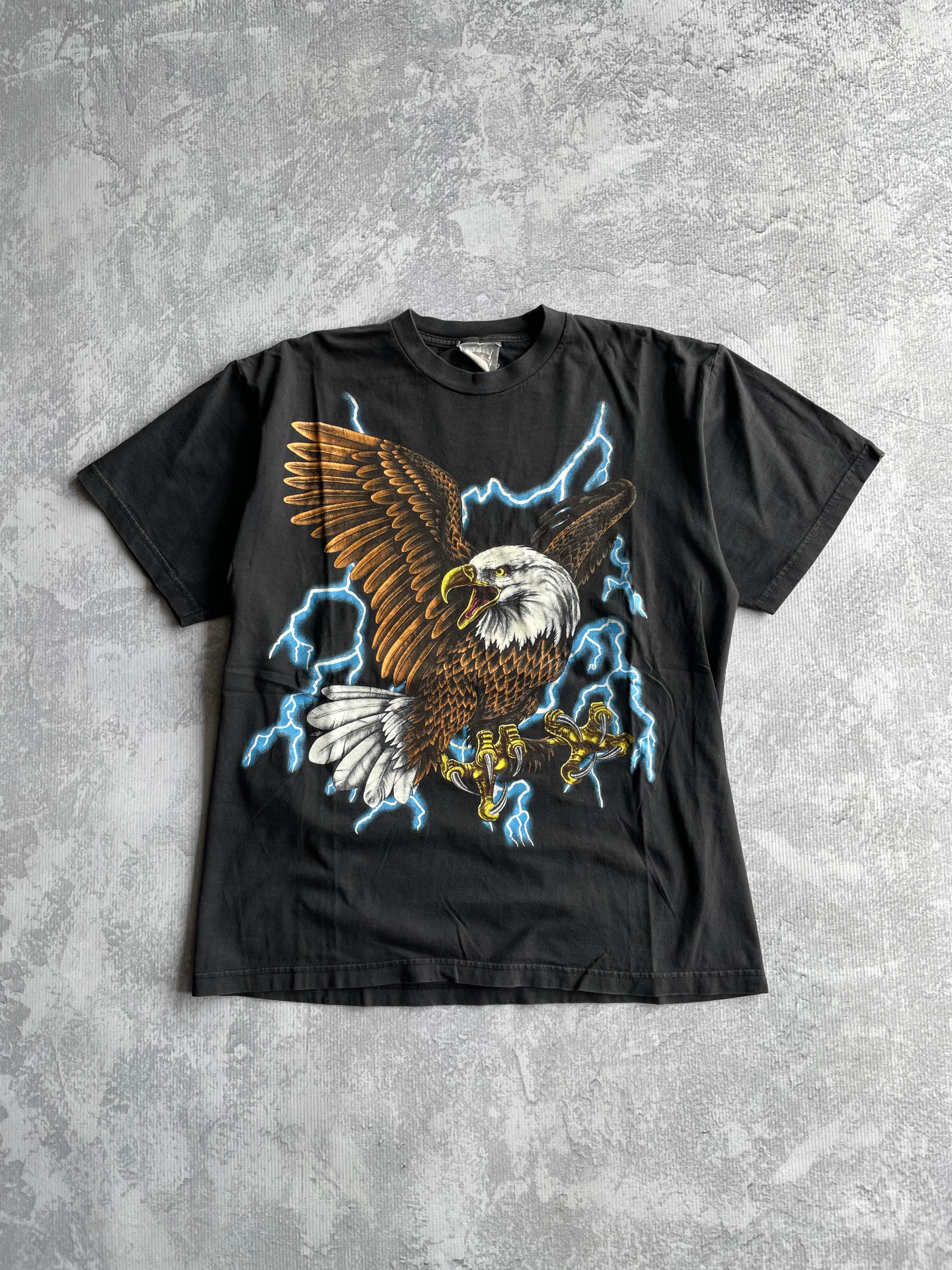 Vintage 90s American Thunder Biker Eagle Lightning AOP Tee Shirt - L