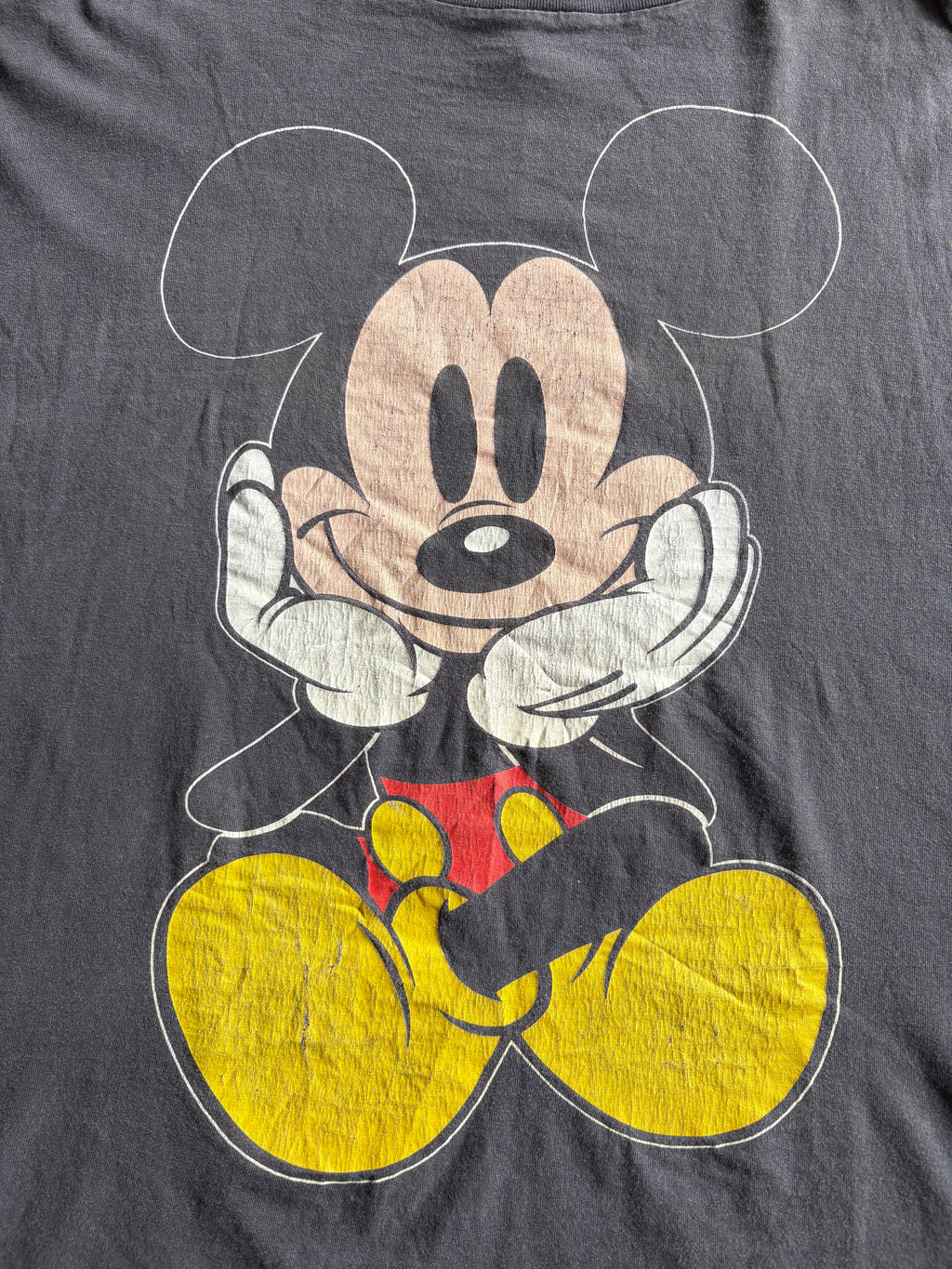 Vintage 90s Disney Designs Mickey Mouse Big Print Faded Black Tee Shirt - 2XL