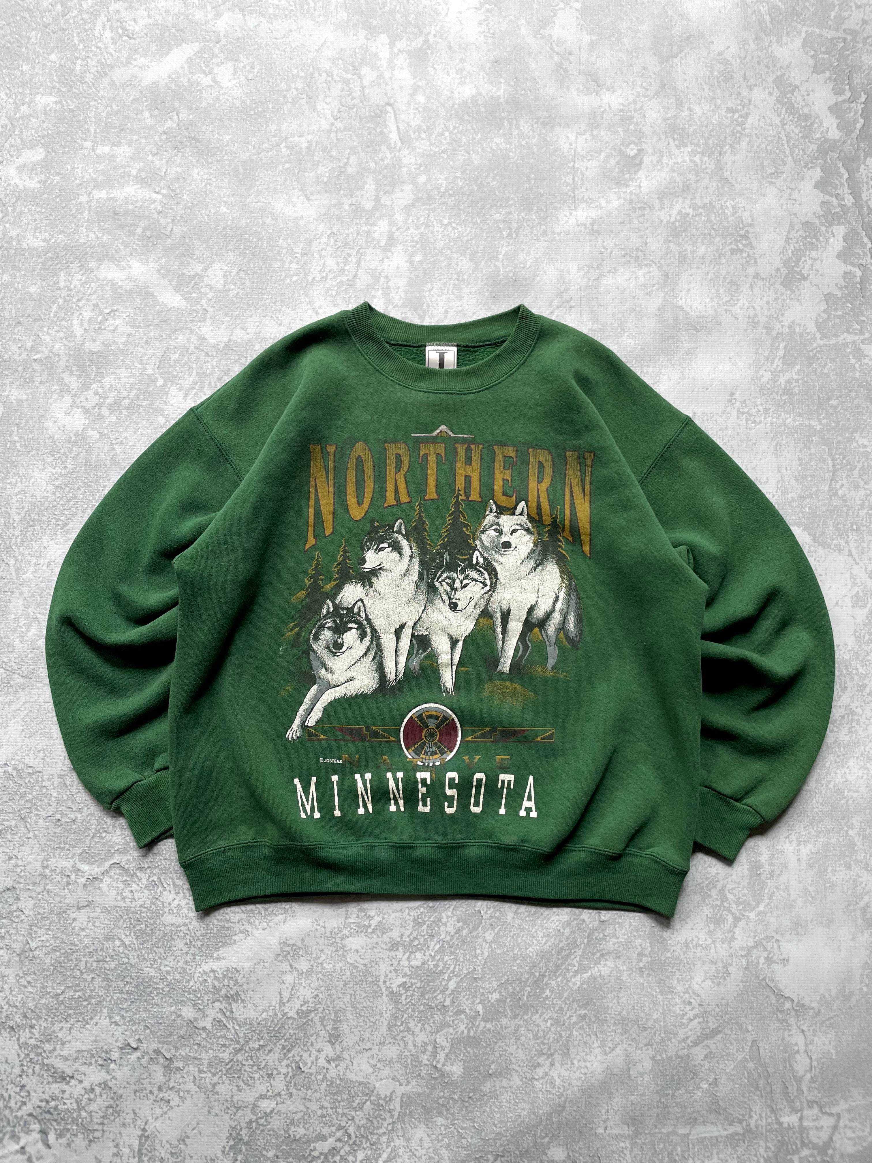 Vintage 90s Northern Minnesota Wolf Green Crewneck Sweater - L