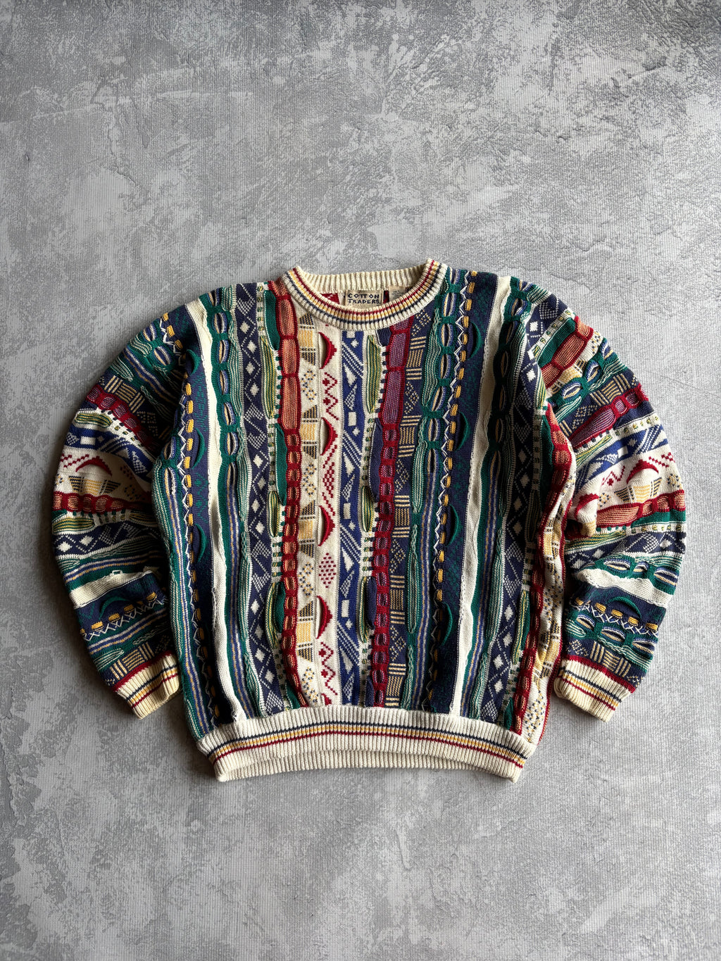 Vintage 90s Cotton Traders 3D Abstract Striped Coogi Style Knit Sweater - L