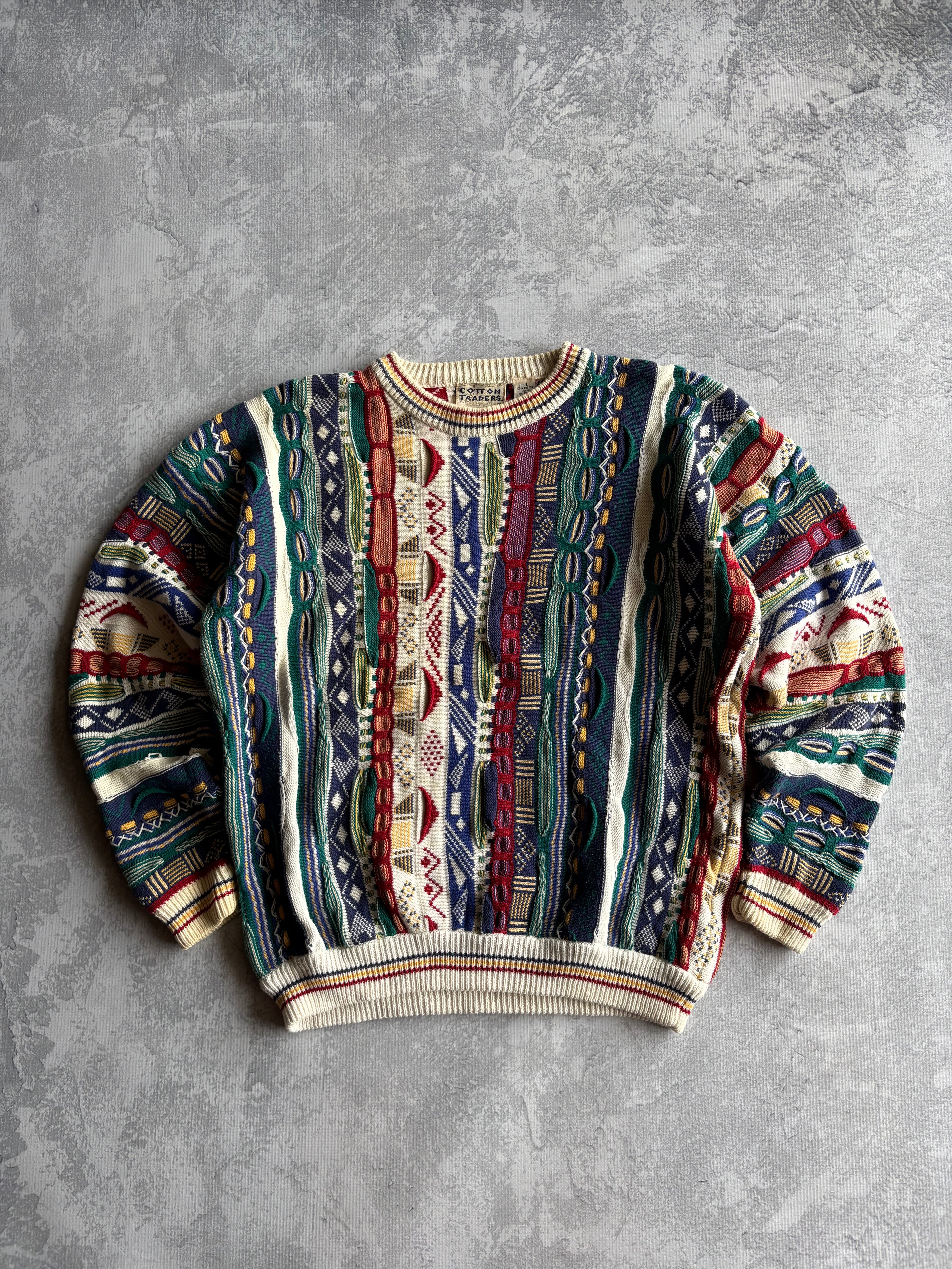 Vintage 90s Cotton Traders 3D Abstract Striped Coogi Style Knit Sweater - L
